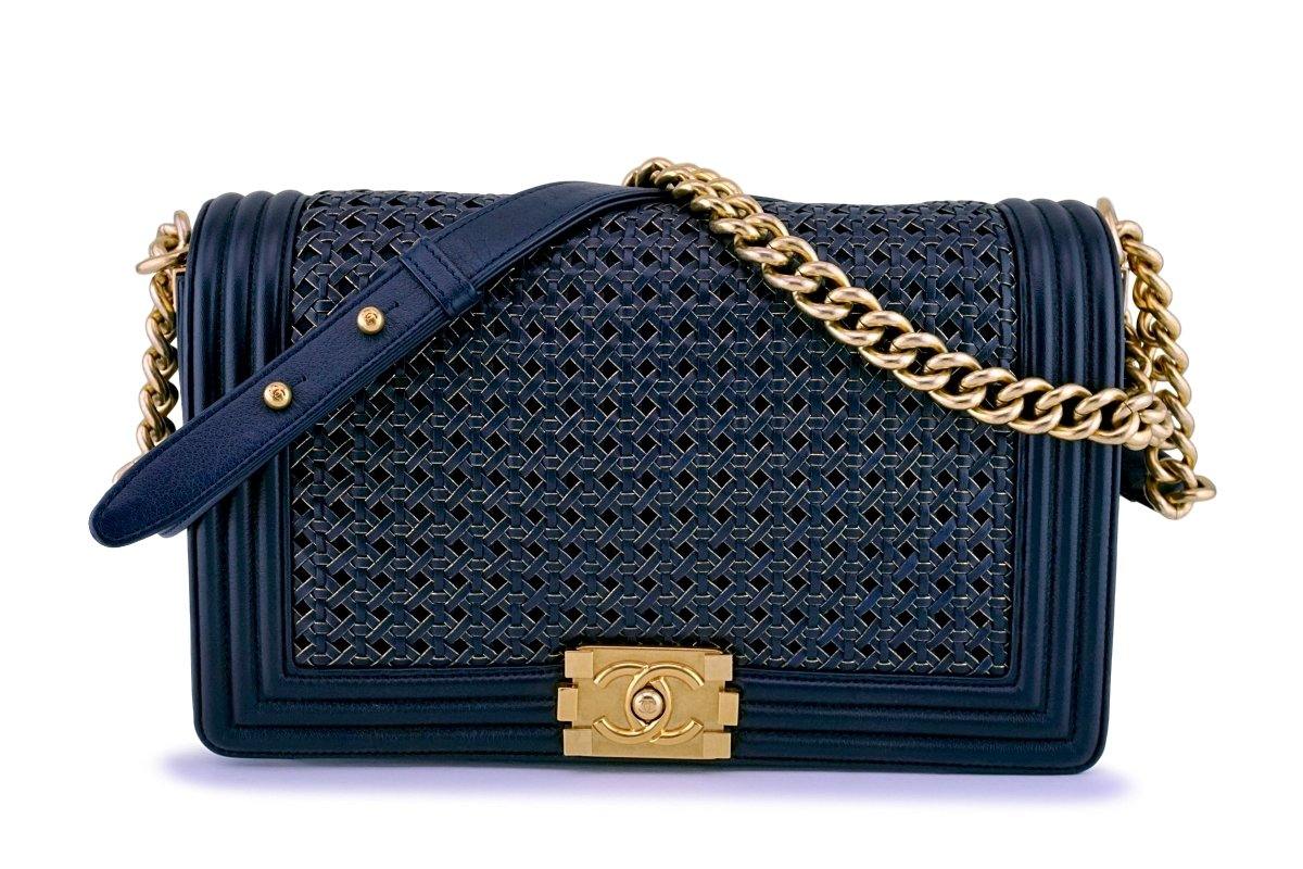 navy blue chanel bag with gold chain