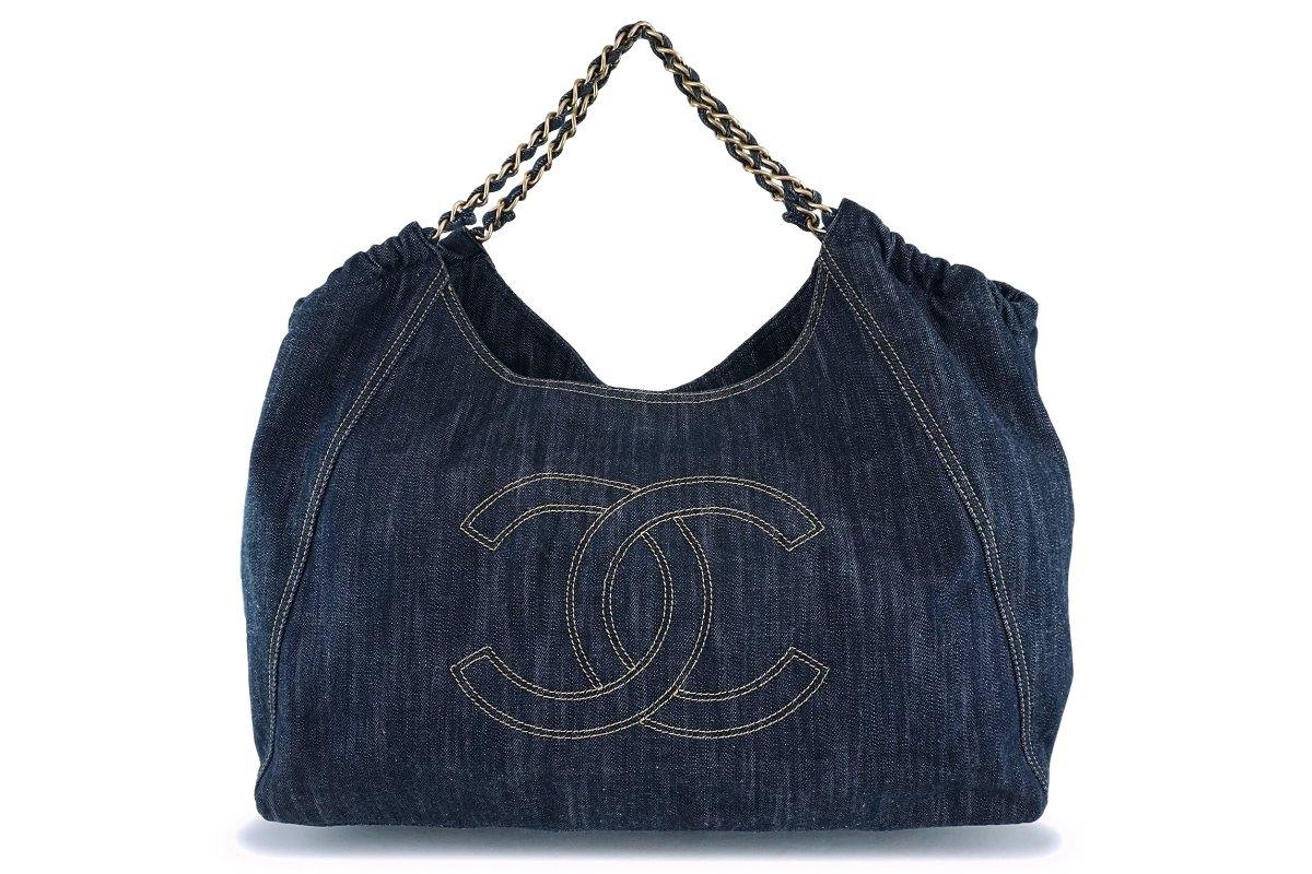 CHANEL Coco Cabas GM Denim Blue Red Chain Drawstring Tote Bag #2559 Rise-on