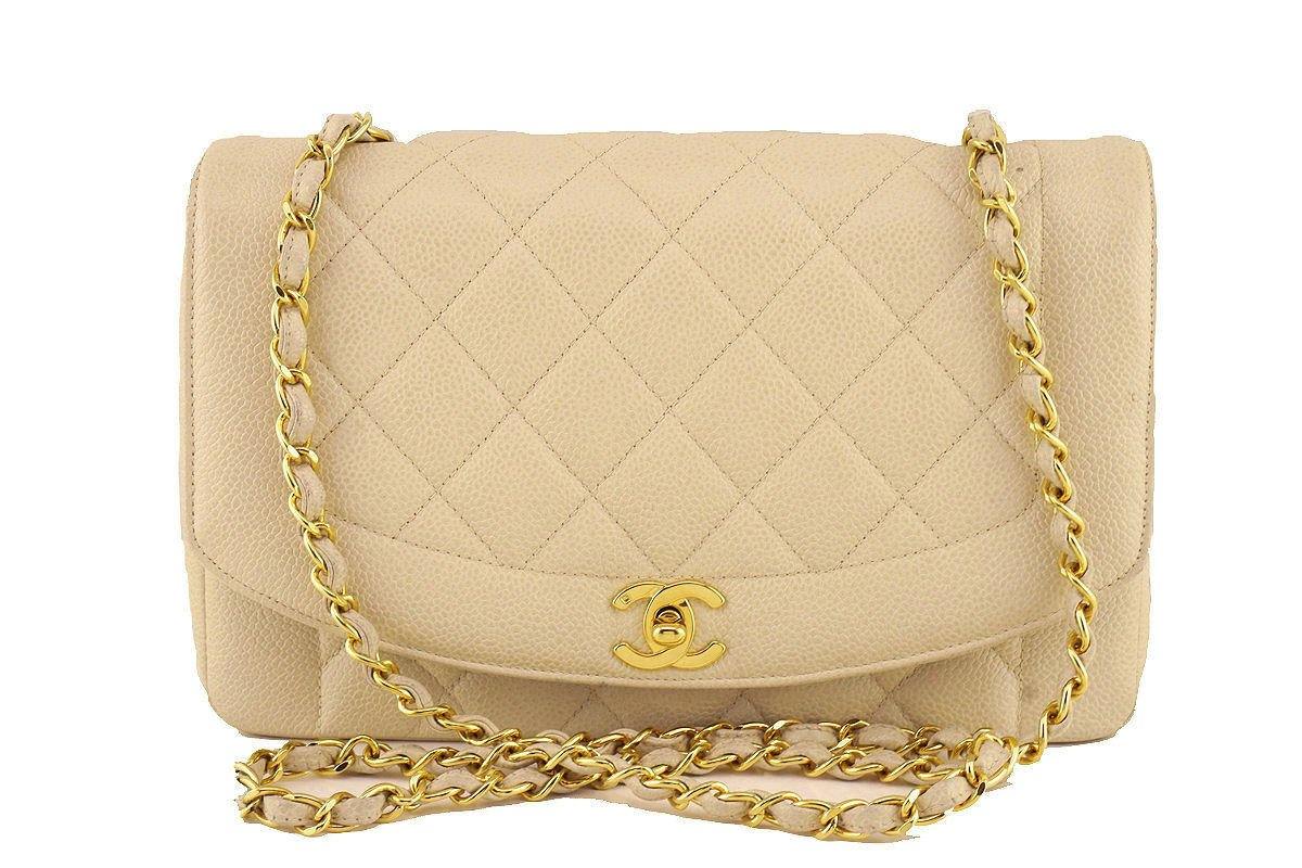 Chanel Light Beige Caviar Vintage Quilted Classic Diana Flap Bag