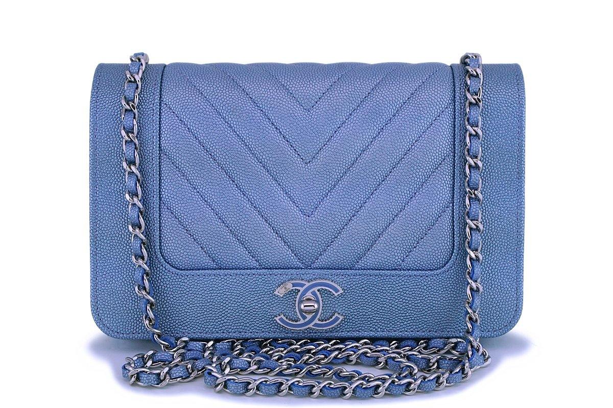 NIB 19C Chanel Blue Chevron Trendy CC WOC Wallet on Chain Flap Bag