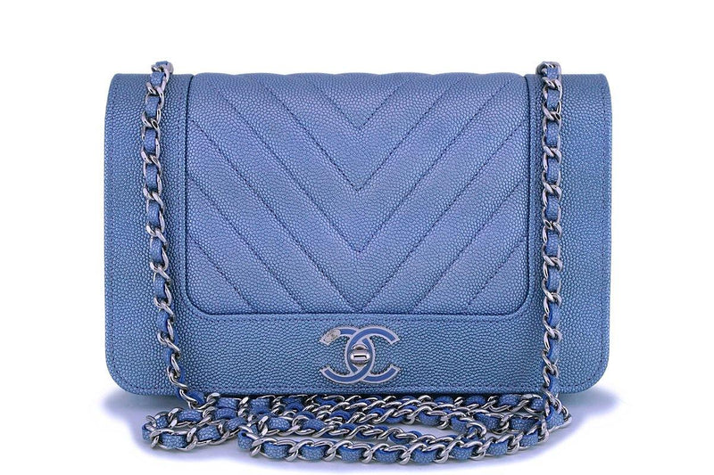 NIB 19P Chanel Pearly Blue Iridescent Chevron Wallet on Chain WOC Flap ...