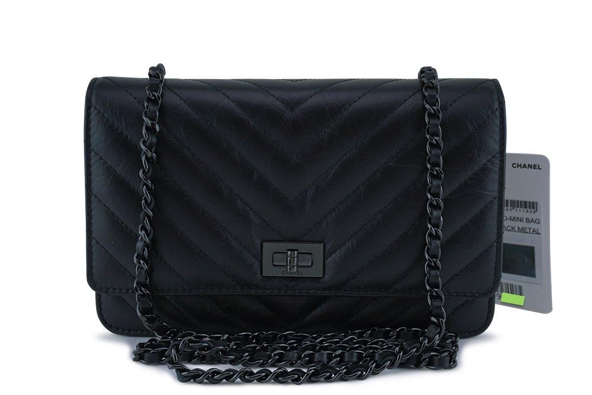 Chanel So Black Chevron Leather Wallet on a Chain