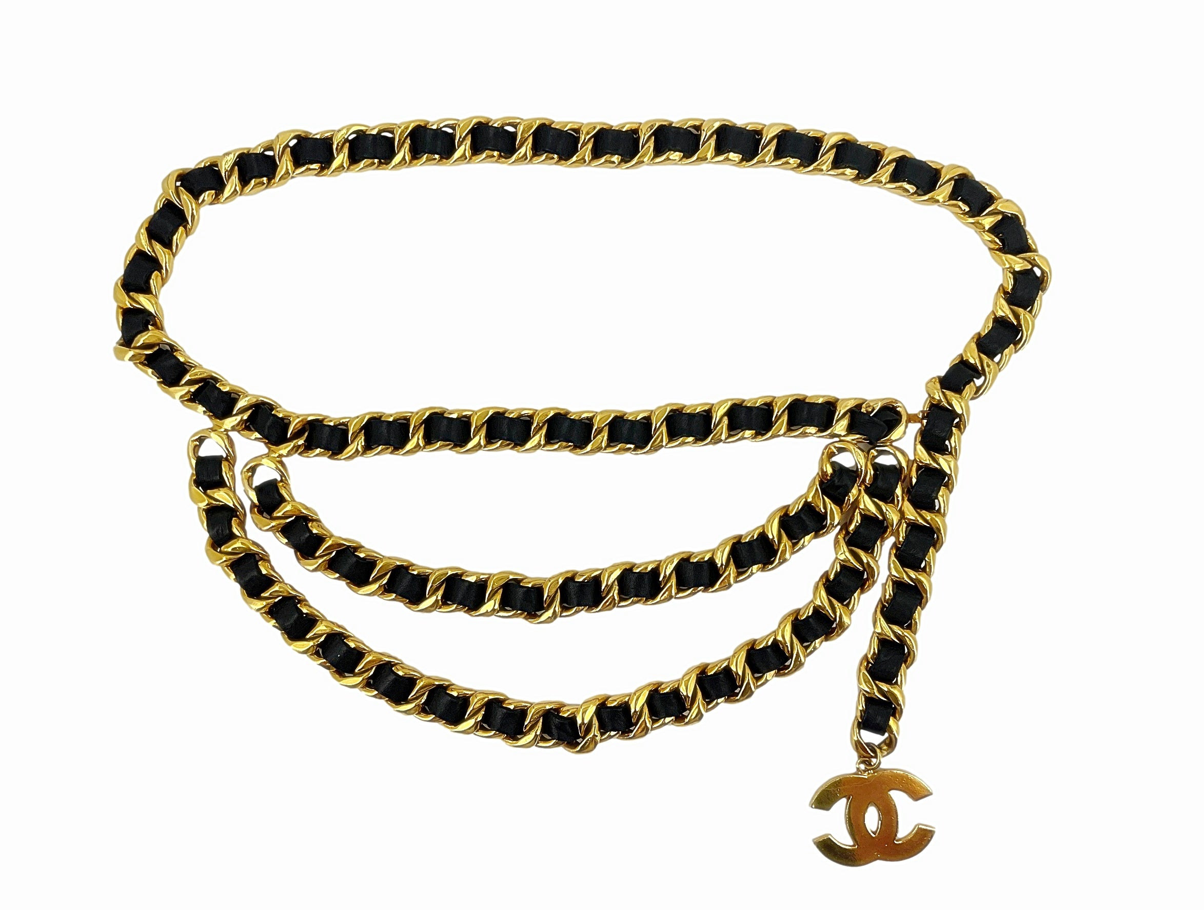 Vintage Chanel Black Leather Belt 1980s Gold Toned Chain Buckle