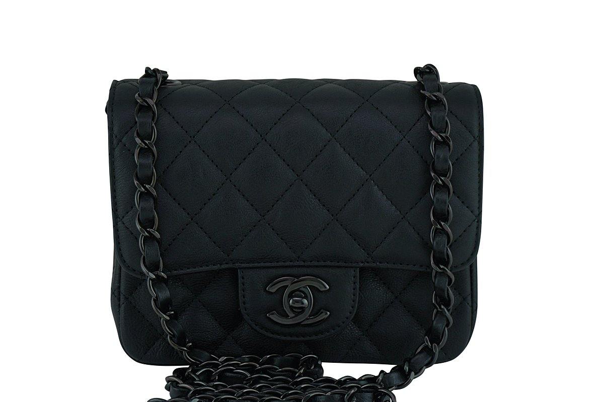 CHANEL Classic Flap Mini Square Chain Shoulder Bag Black Caviar Leather Rare