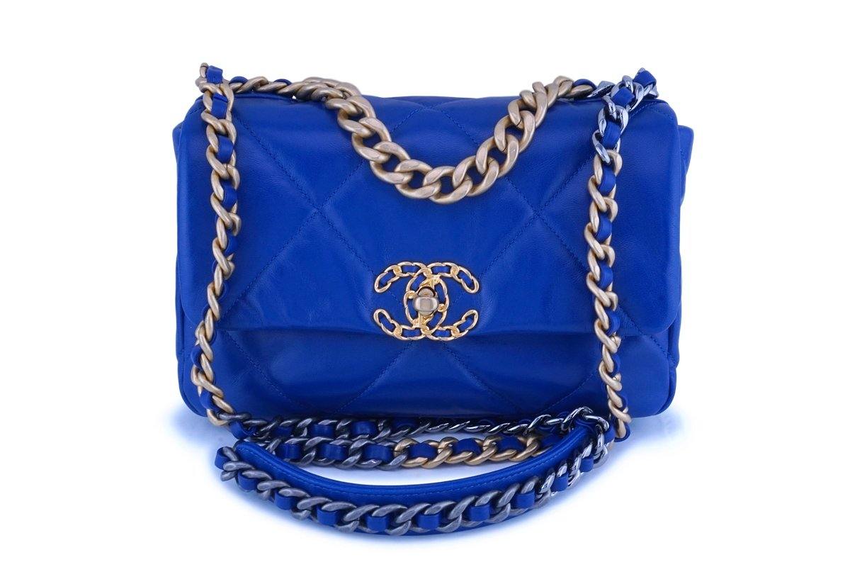 Chanel 19 Flap Bag Quilted Printed Silk Maxi Blue