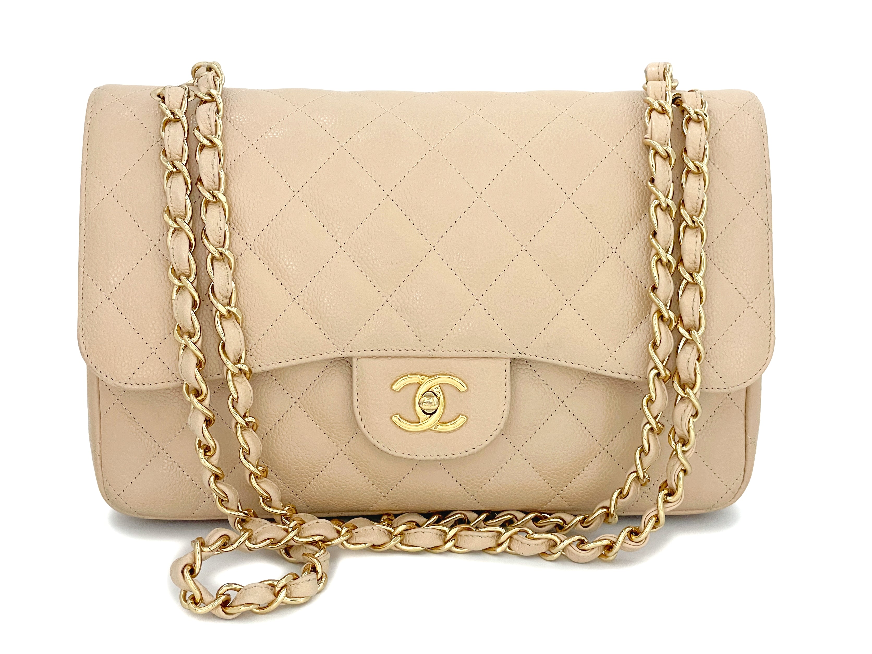 CHANEL Iridescent Caviar Quilted Jumbo Double Flap Beige 885547