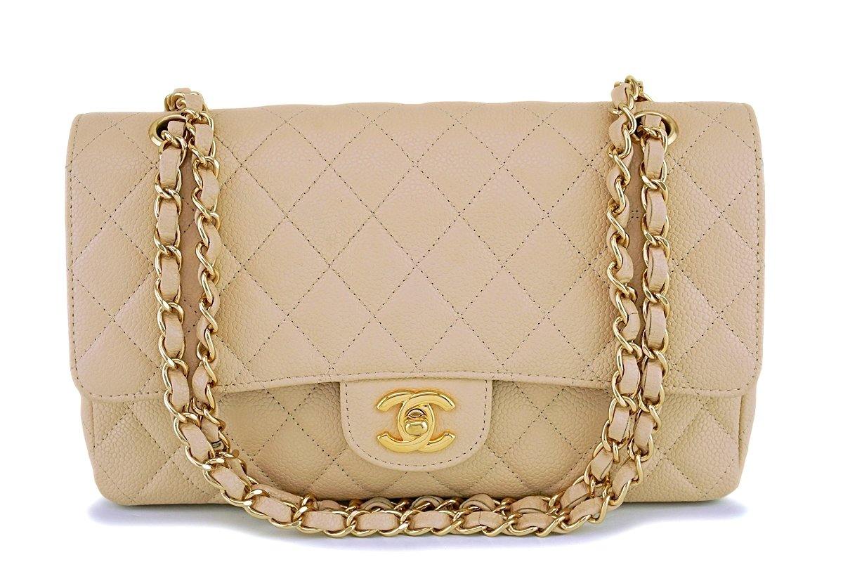 Chanel Classic Double Flap Quilted Caviar Gold-tone Medium Beige Clair