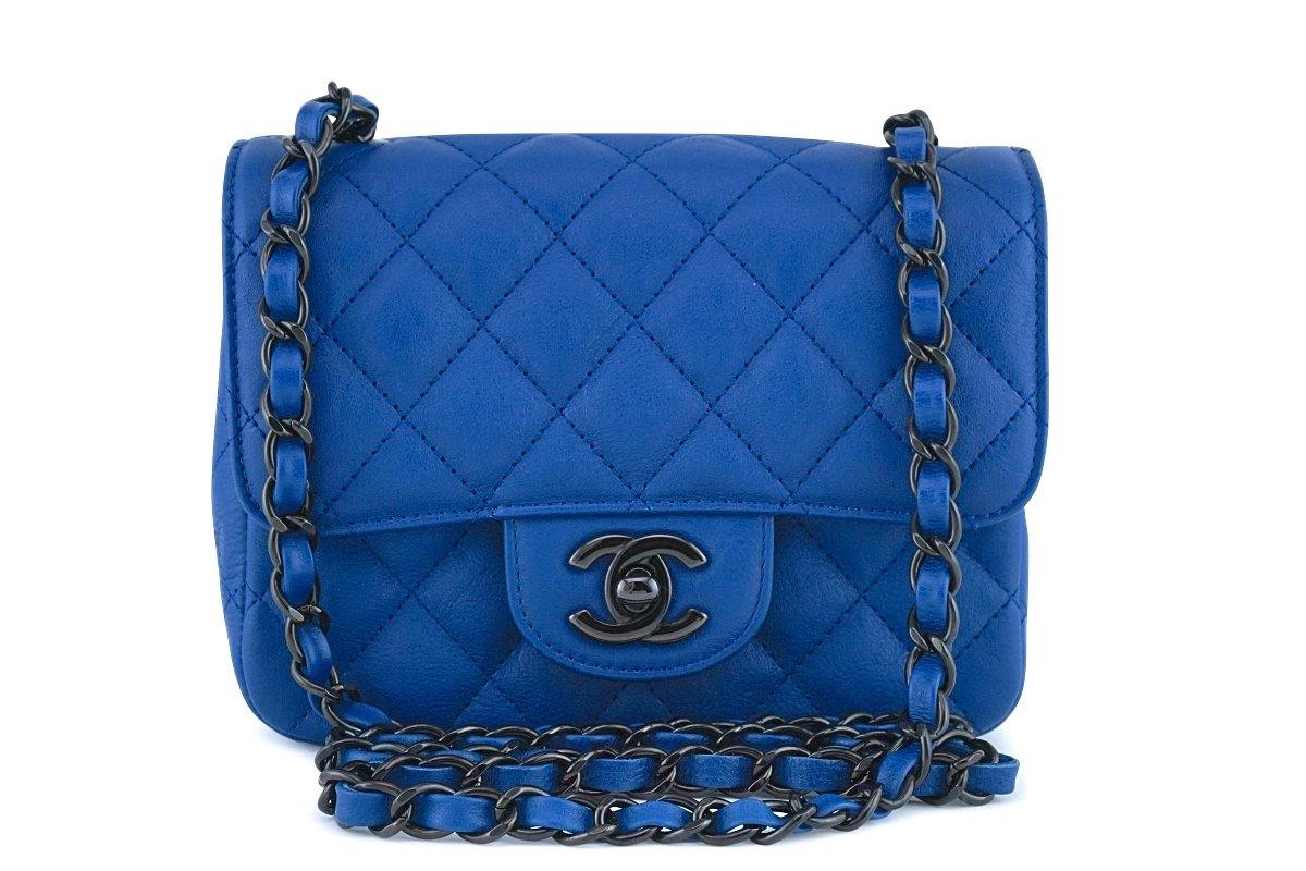 Chanel Blue Classic Quilted Square Mini 2.55 Flap Bag Black HW