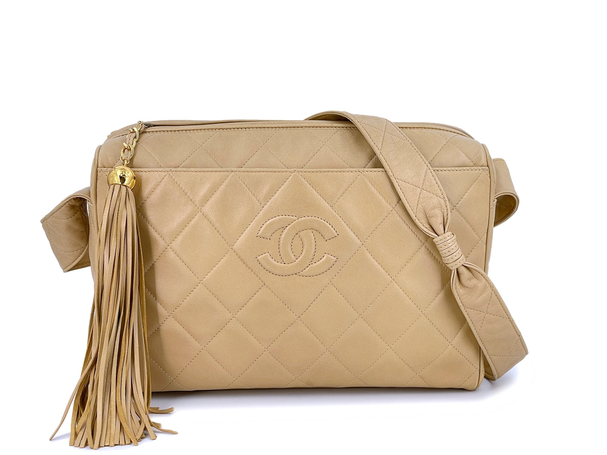 Authentic Chanel Vintage Beige Lambskin Classic Camera Bag