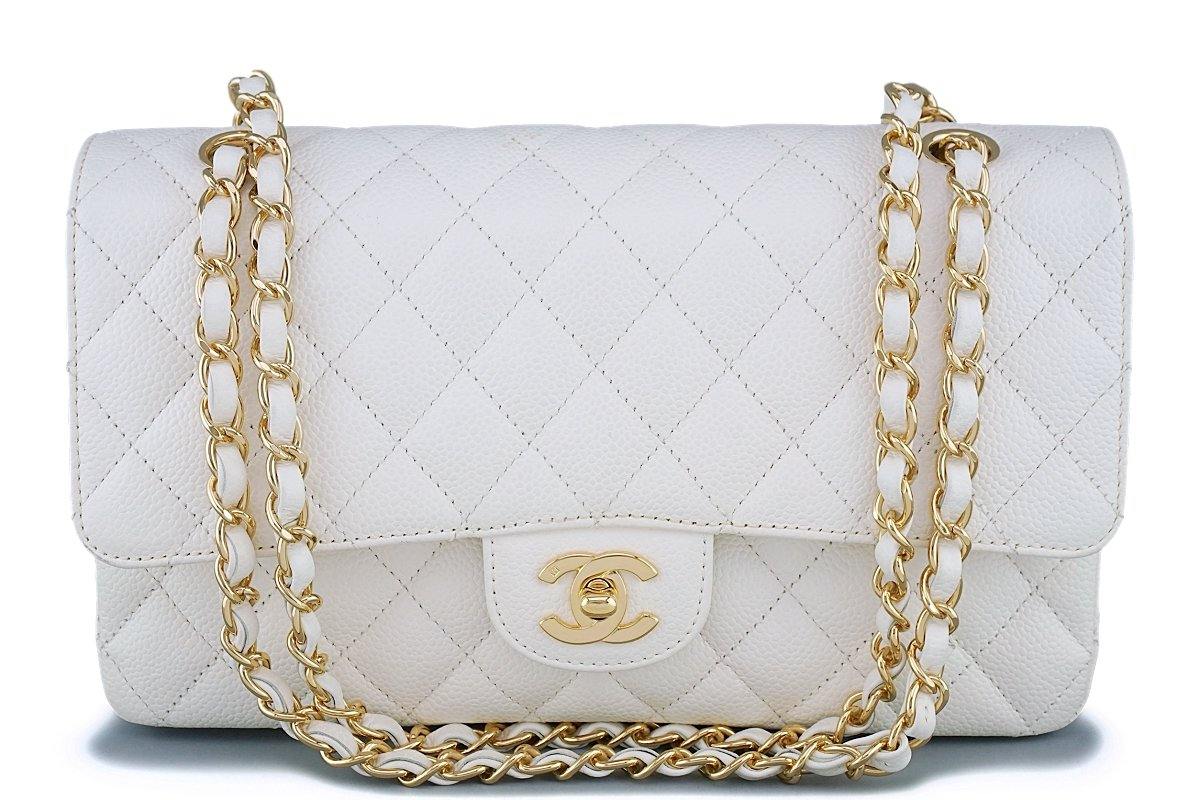 Chanel White Classic Flap Bag Caviar Leather With Gold Buckle Medium –  RELUXE1ST