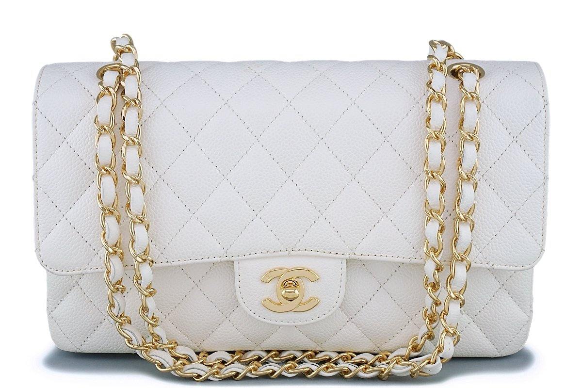 Chanel White Medium Classic Caviar Leather Double Flap Bag Chanel