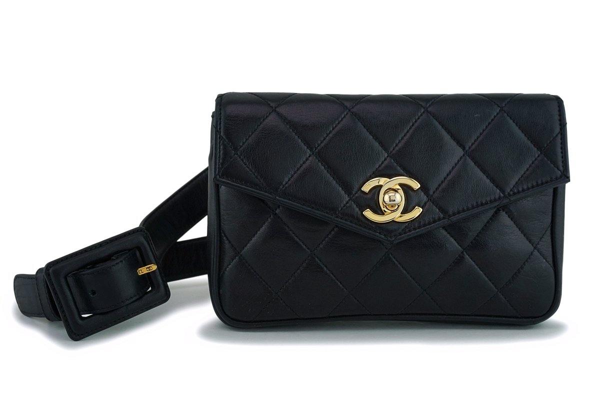 Chanel Vintage Black Leather Waist Purse, Fanny Pack With Golden Chain Belt  And Cc Closure Hock