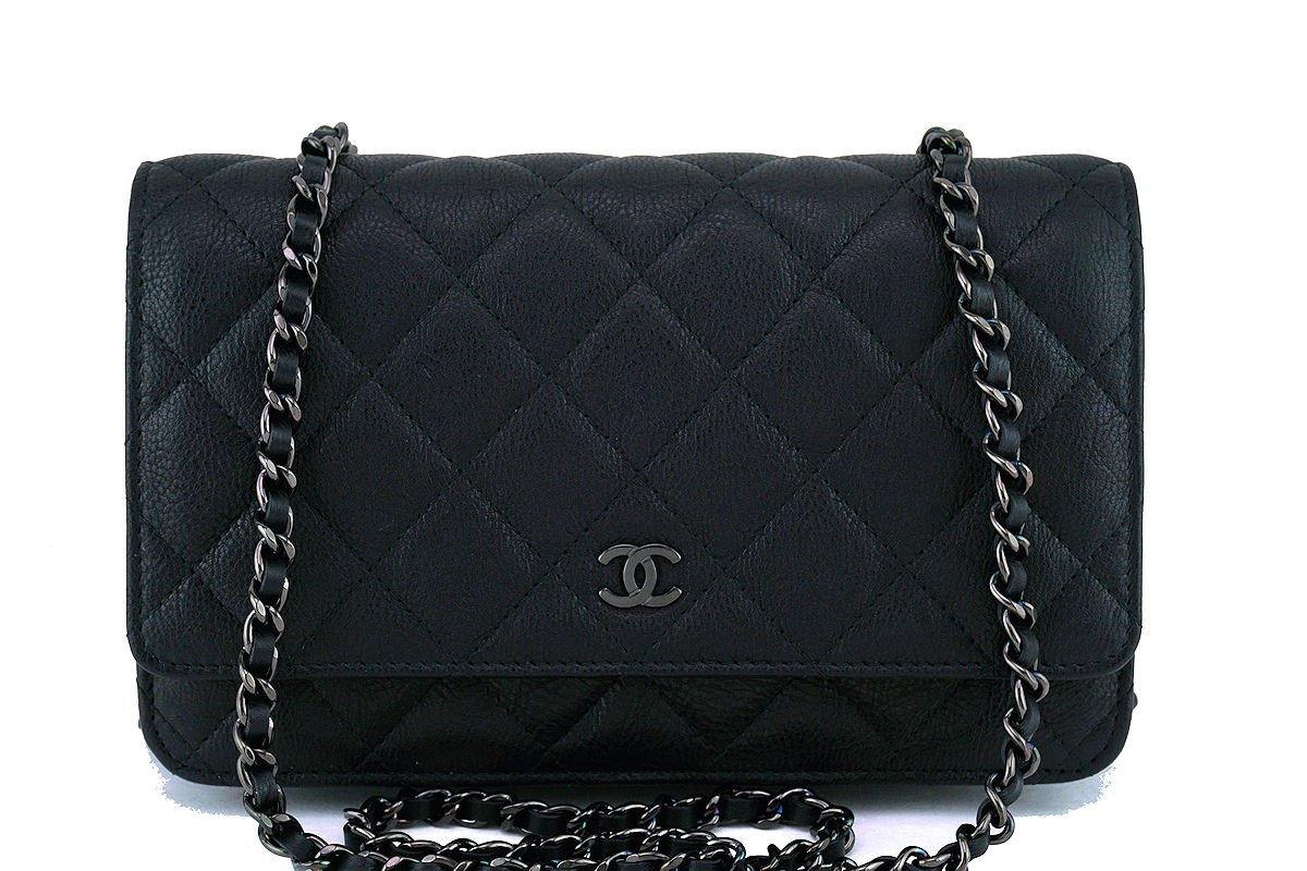 17S Chanel So Black Classic Quilted WOC Wallet on Chain Flap Bag