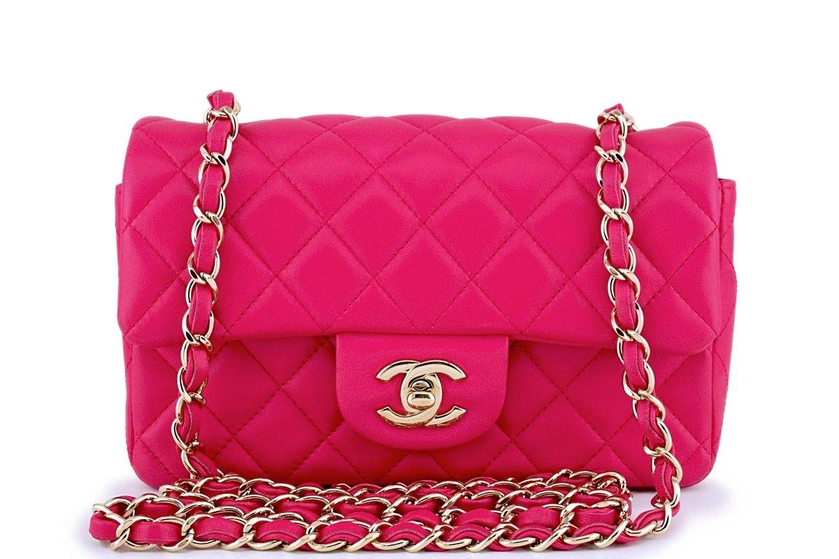 CHANEL Lambskin Quilted Mini Rectangular Flap Neon Pink 1254445