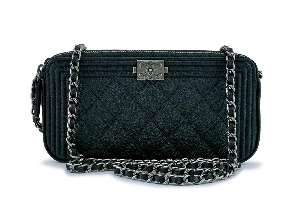 Chanel Caviar Quilted Mini Boy Clutch Wallet on A Chain Black