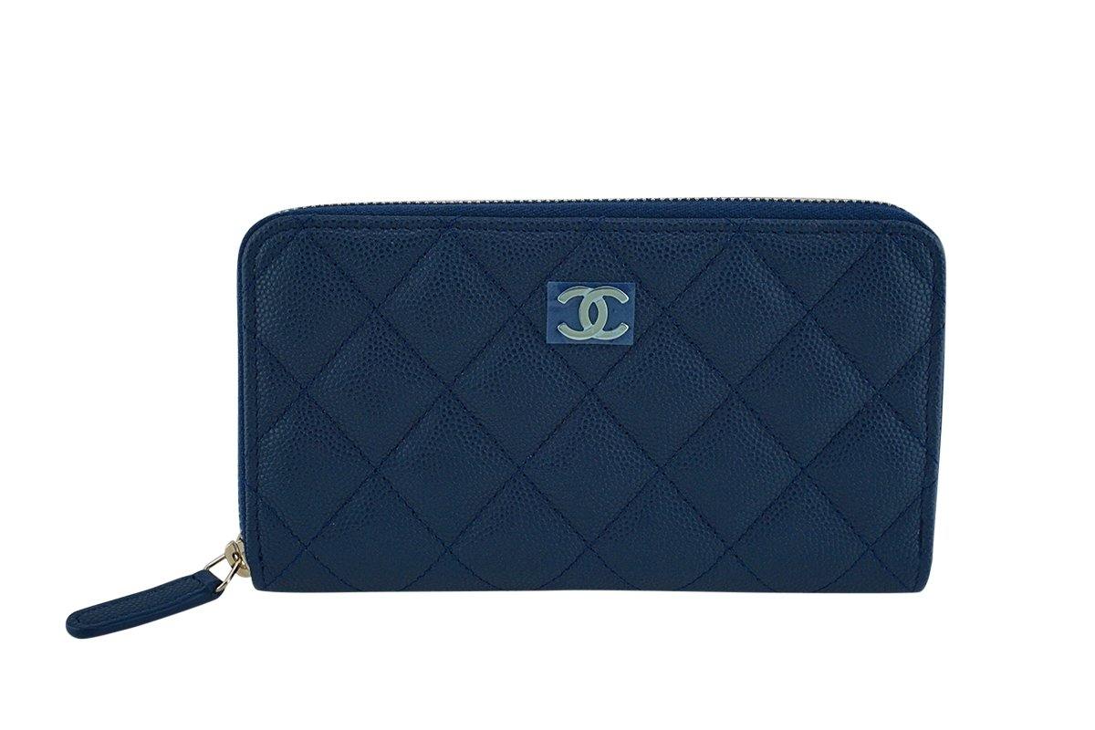 CHANEL Caviar Quilted Small Zip Around Wallet Blue