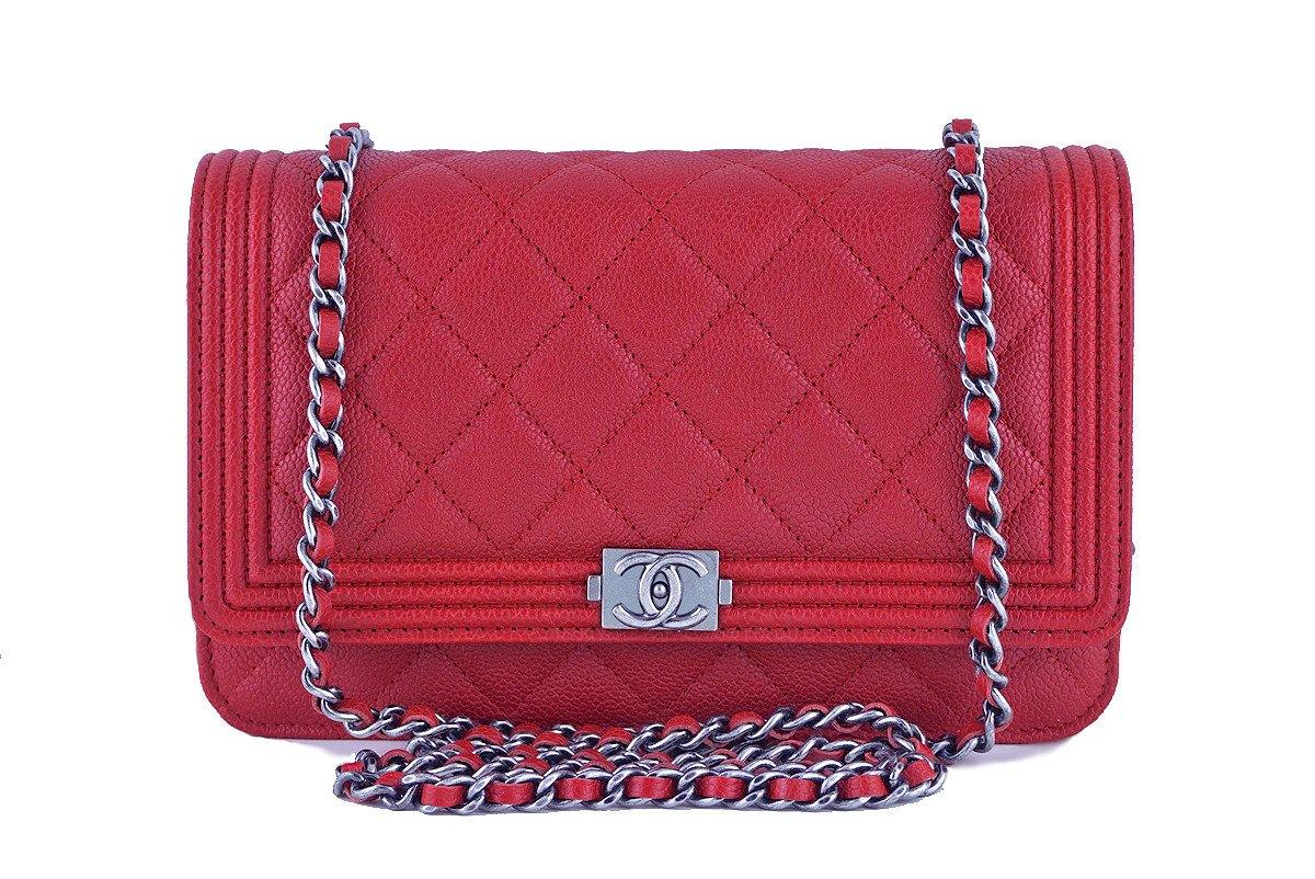 NWT 16A Chanel Red Caviar Boy Classic Quilted WOC Wallet on Chain