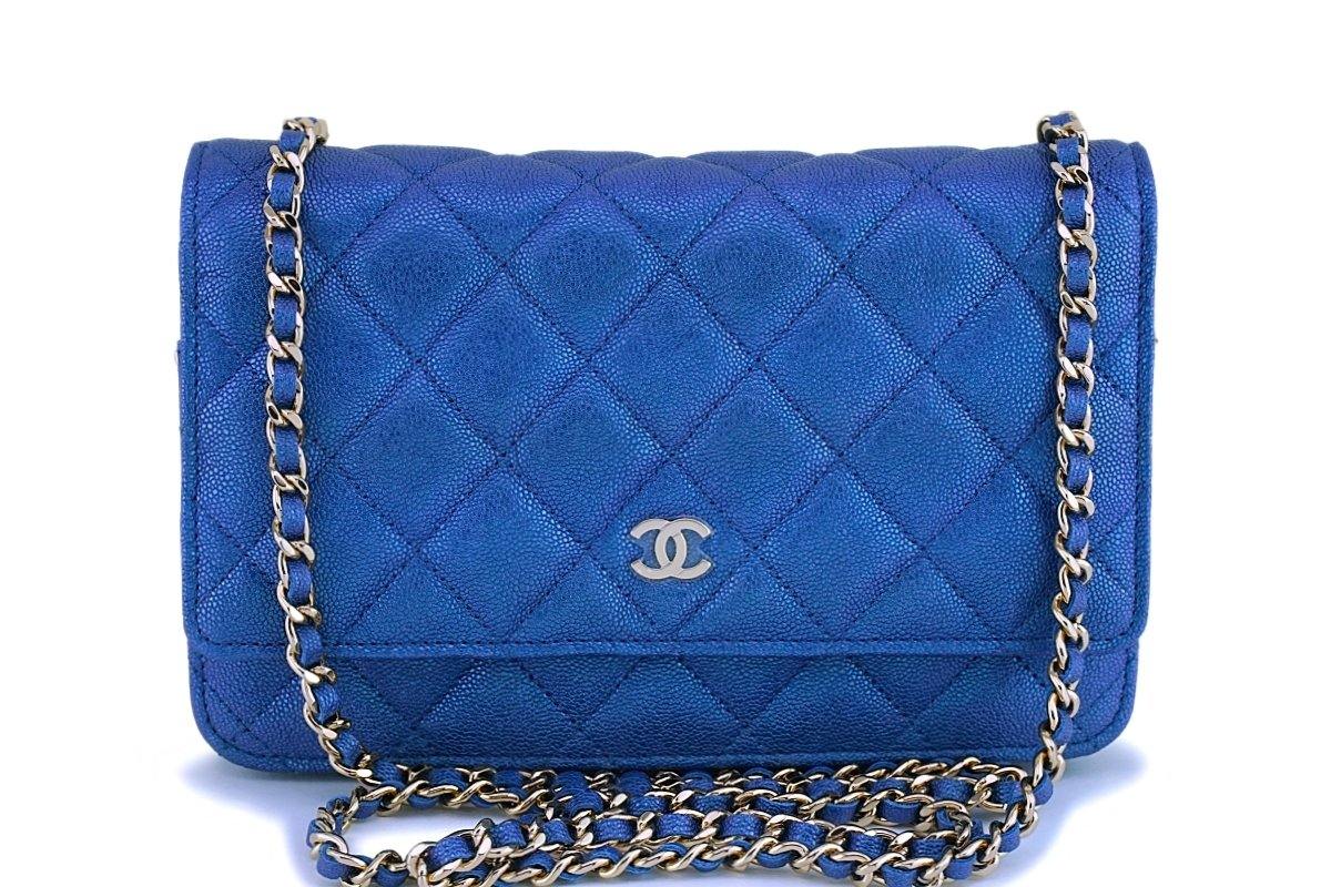 CHANEL Iridescent Metallic Pearly Blue Caviar Classic WOC Wallet On Chain  Bag