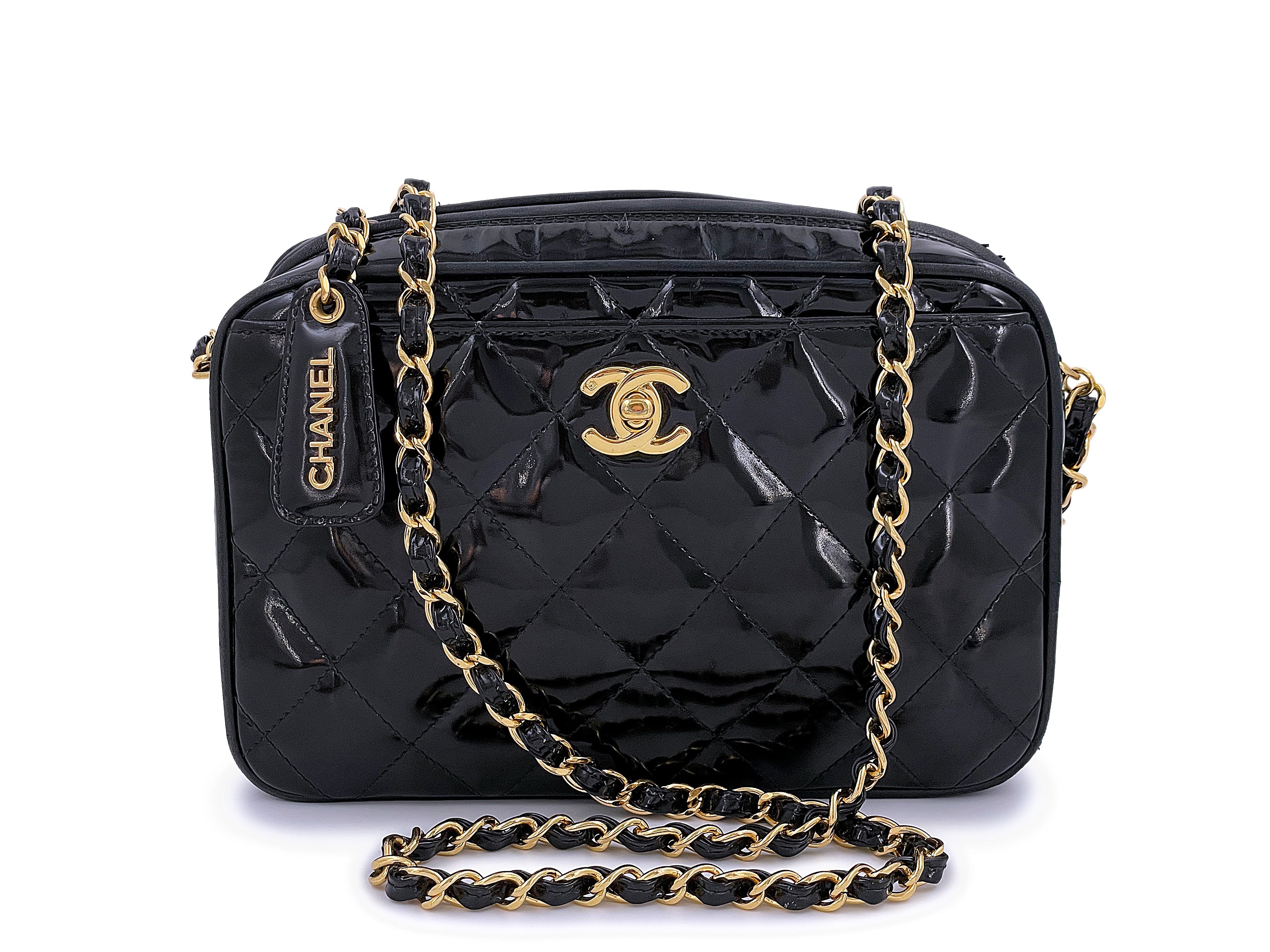 CHANEL Vintage Patent Leather 24k Gold CC Logo Camera Bag Black