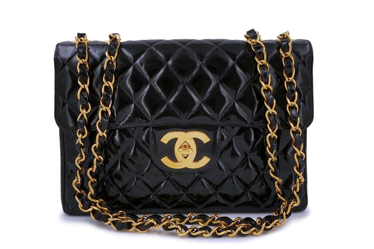 Chanel Black Patent Leather Gold Small Mini Party Shoulder Bag in Box