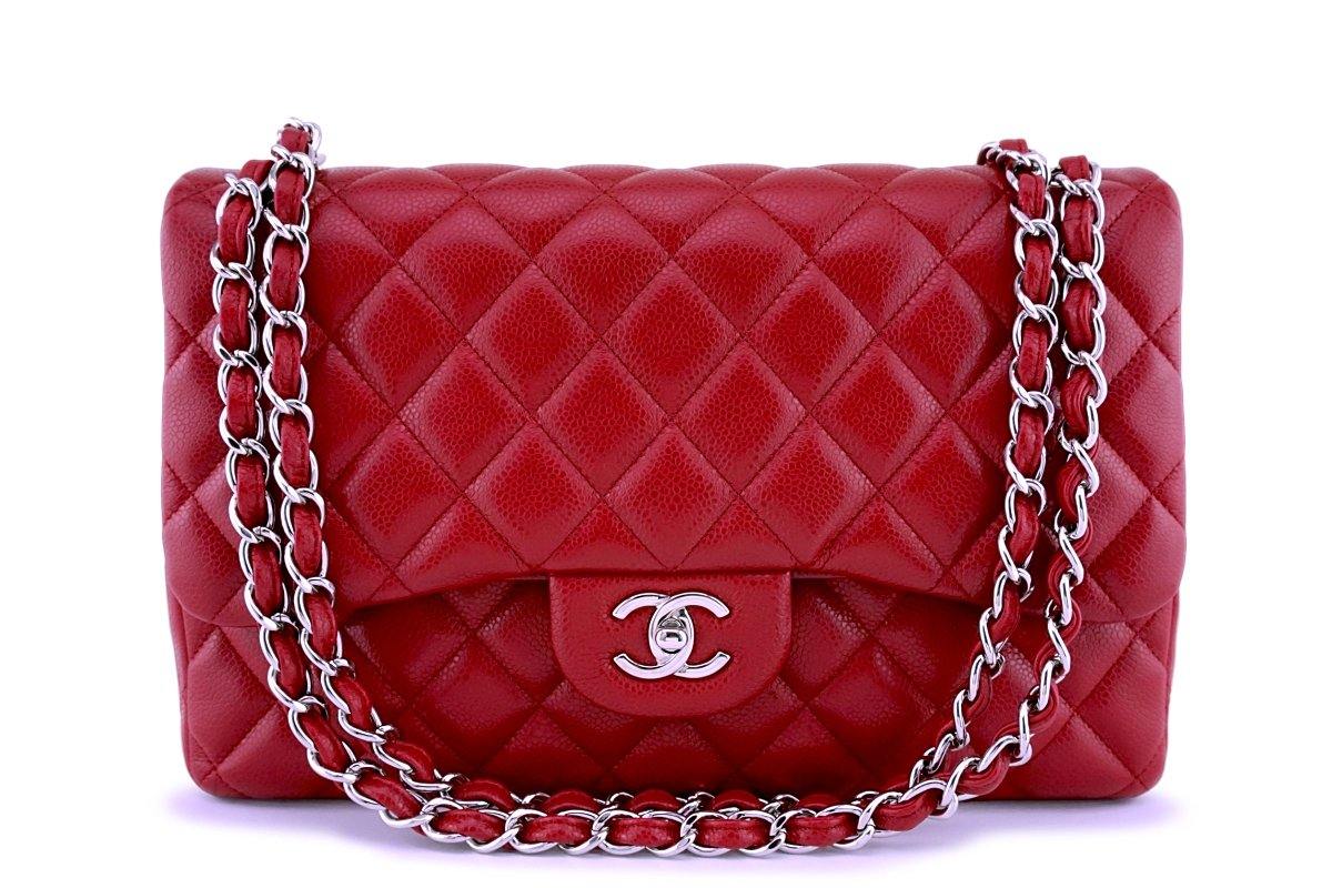 11P Chanel Red Caviar Jumbo Classic Double Flap Bag SHW