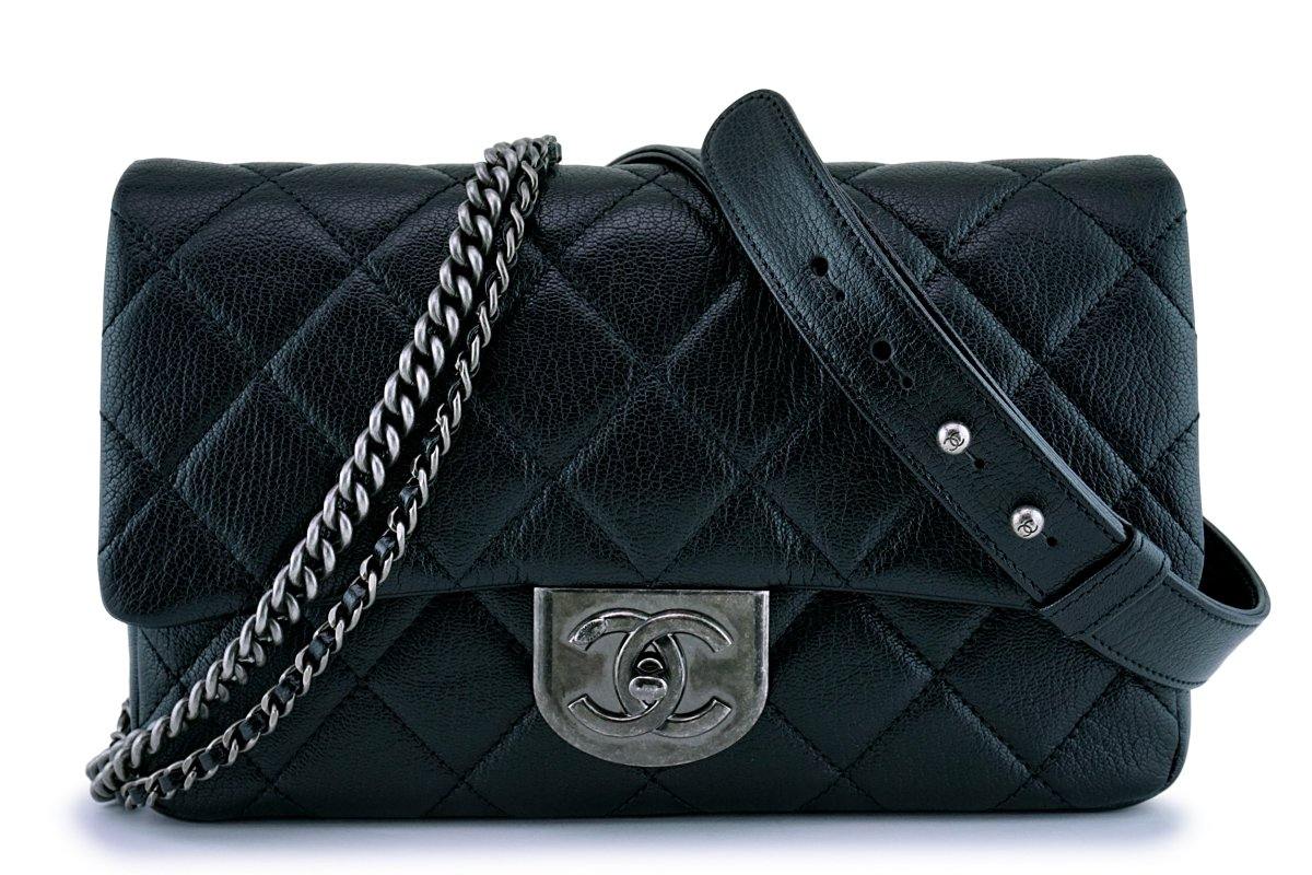 Chanel Black Grained Medium Double Carry Classic Flap Bag