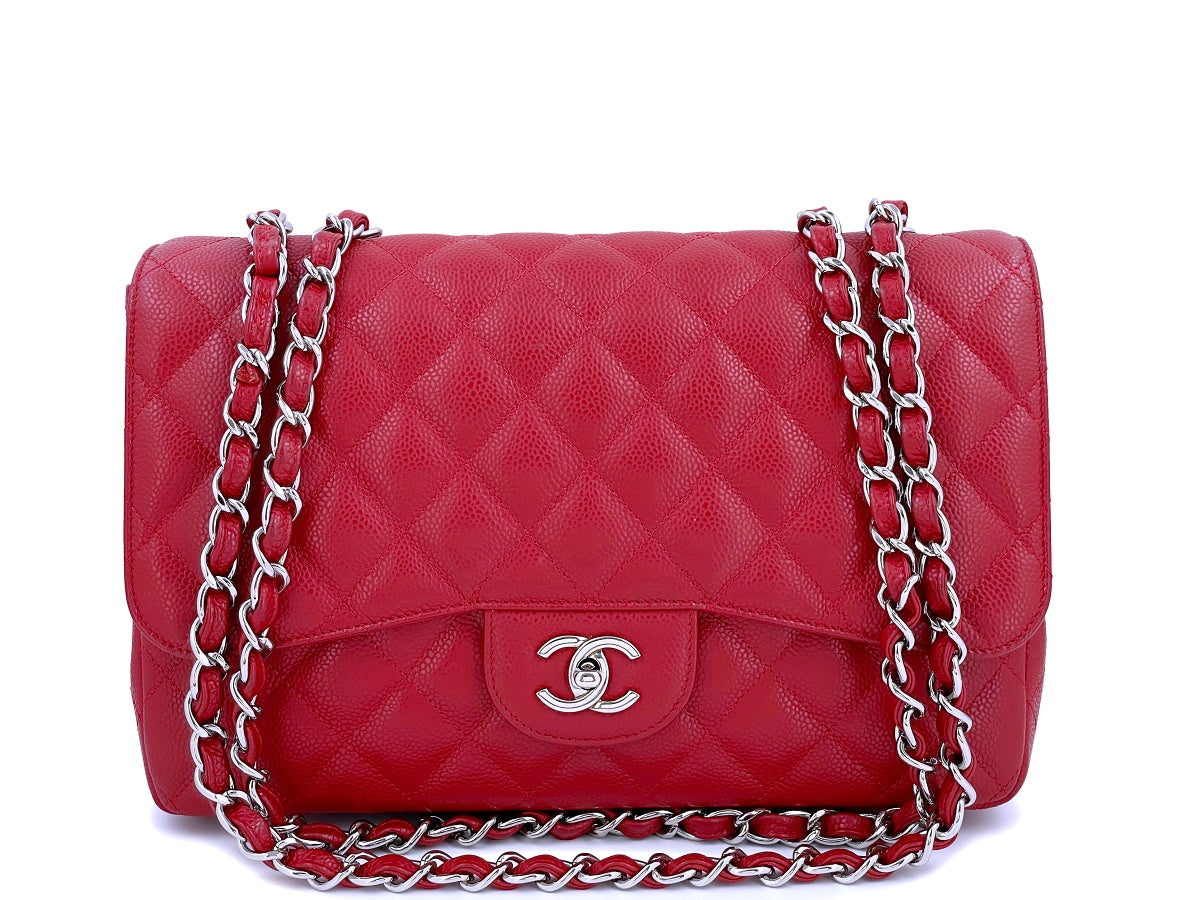 CHANEL Classic Single Flap Jumbo Bag Red Caviar with Silver Hardware 2009