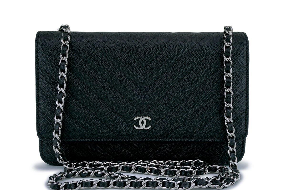 Authentic Chanel Black Quilted Calfskin Leather Wallet with Pearl Chain