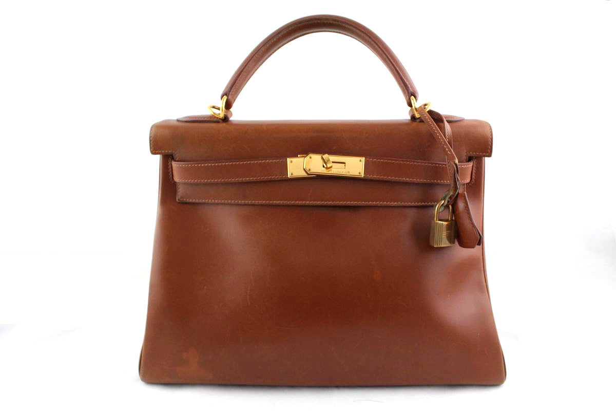 HERMES Kelly 32 Dark Brown Box Calf Leather Gold Hardware