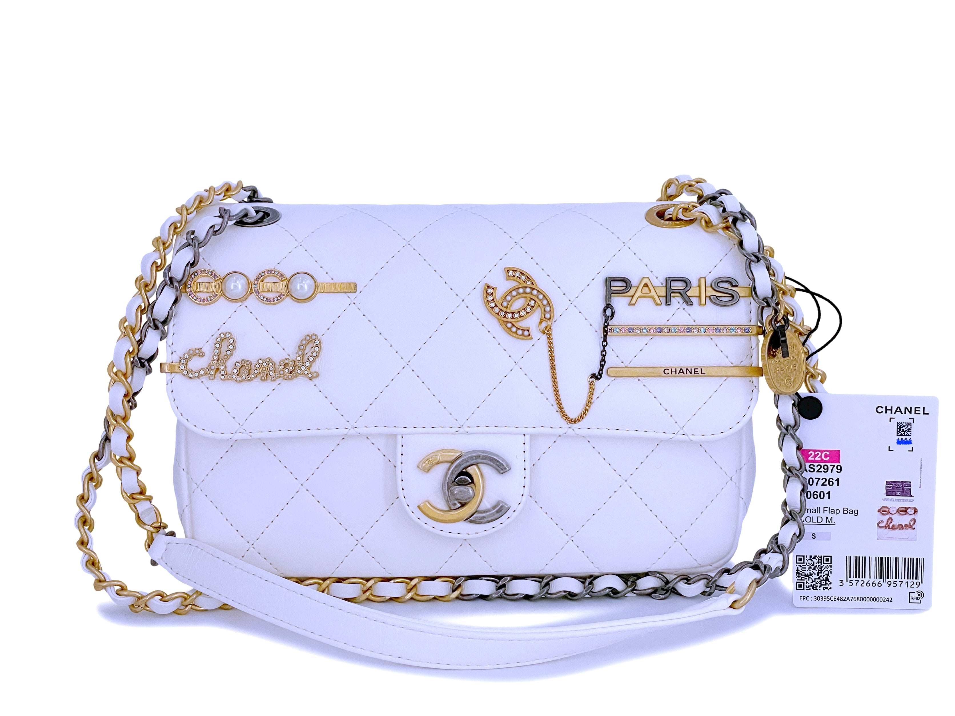 Chanel 22 Small Handbag Shiny Calfskin AS3260 White Gold
