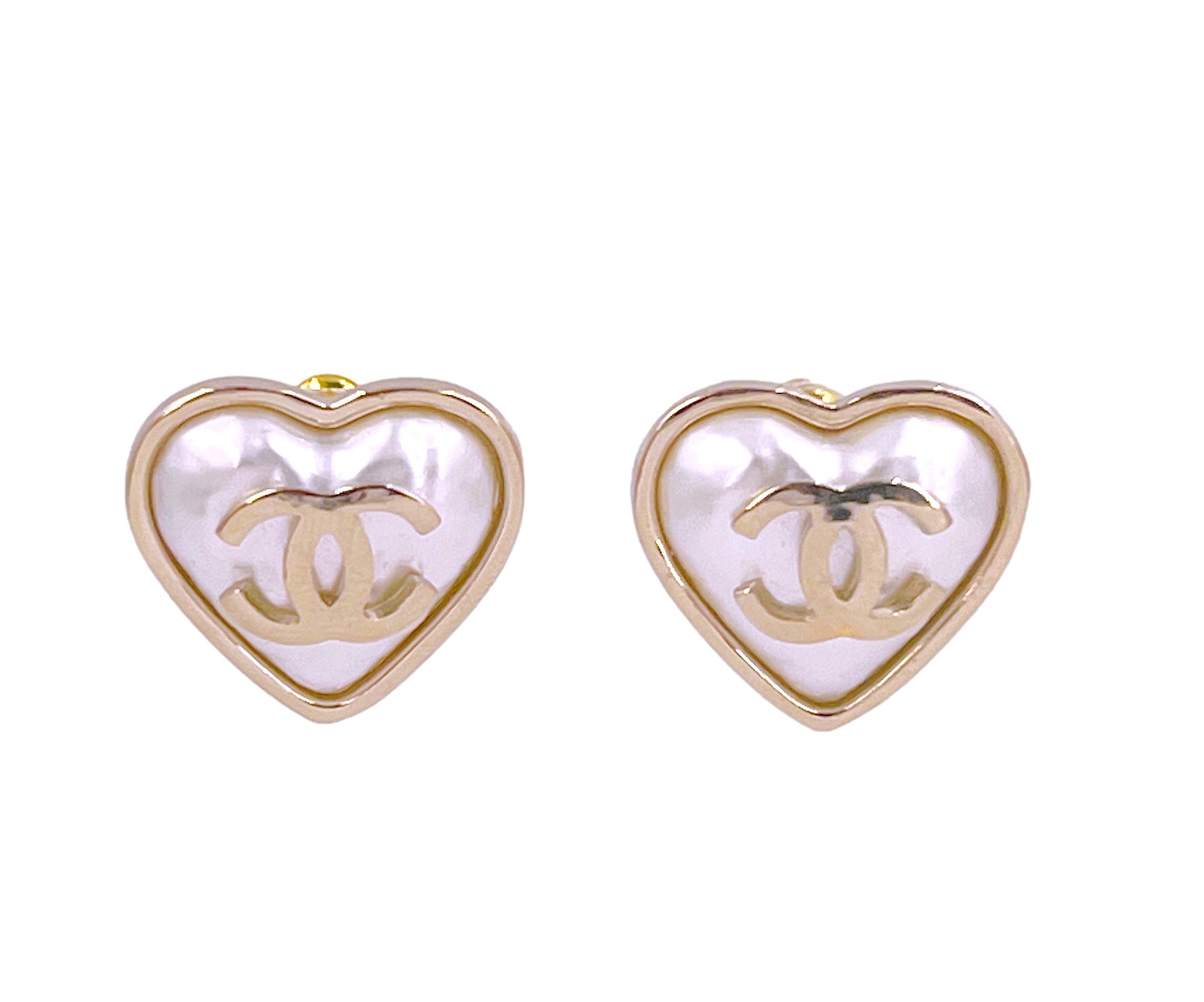 Chanel 22C Heart Shape Gold Pearl White CC Logo Statement Stud Drop Long  Earring