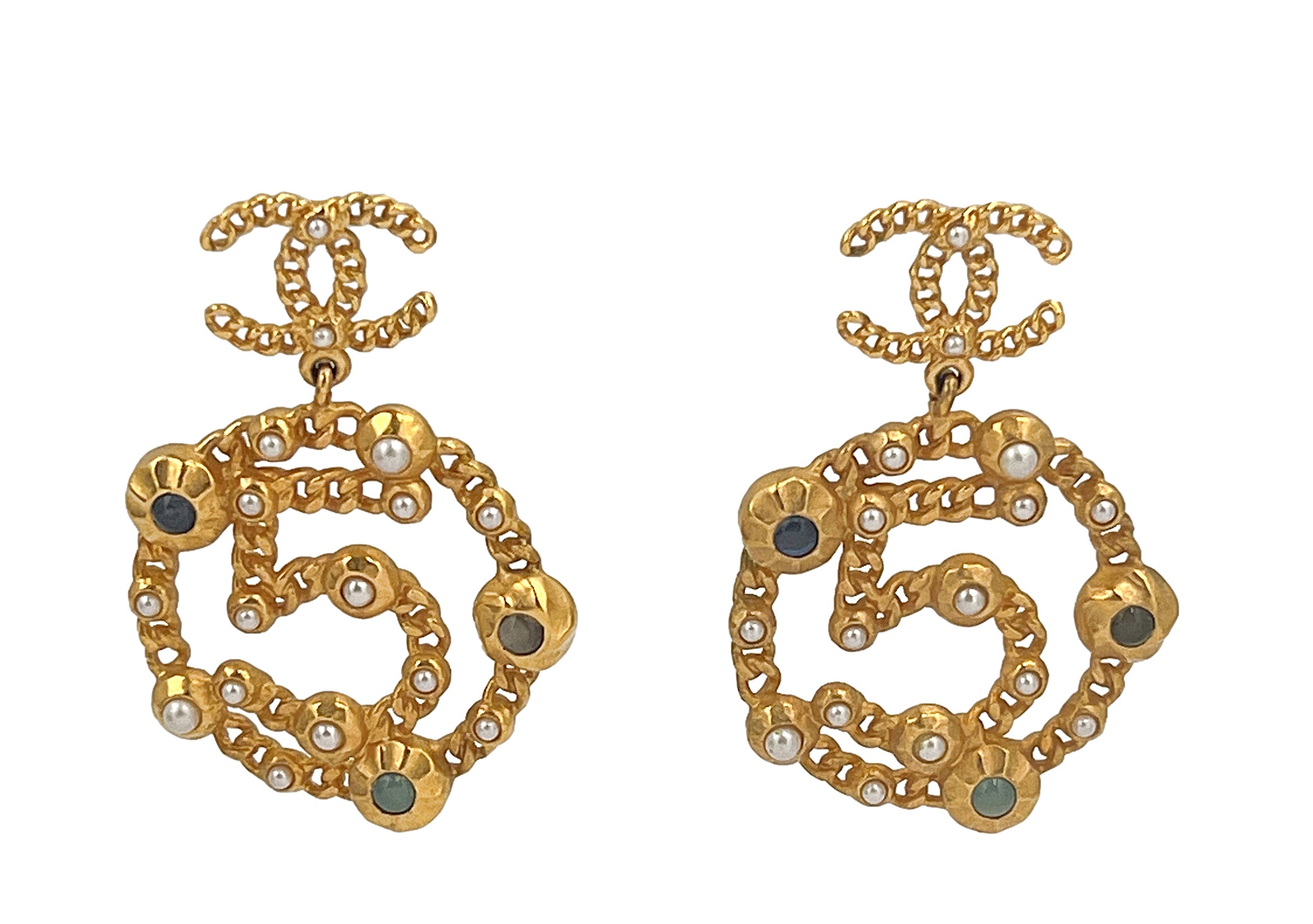 Chanel CC Logo Crystal Pearl Chain Stud Earrings AB4703 Gold