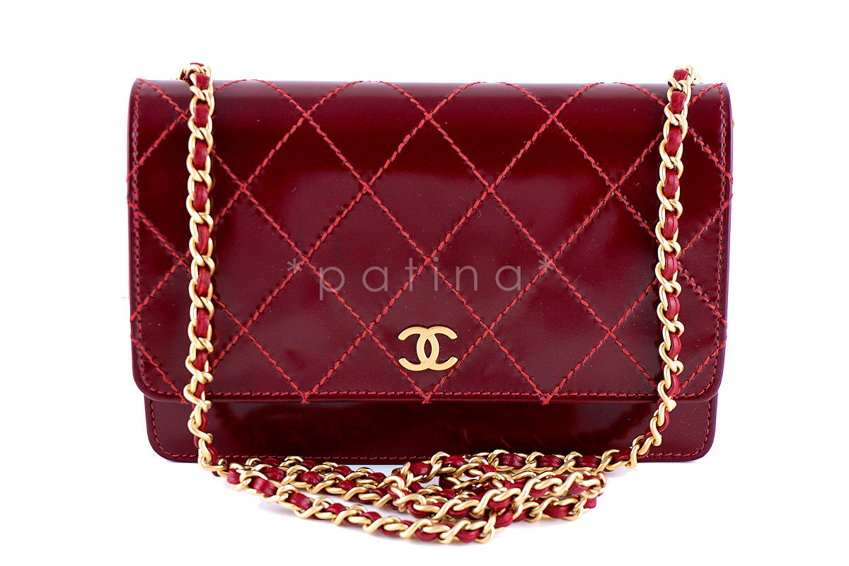 Chanel Dark Red Patent Leather CC Timeless Zip Around Wallet Chanel