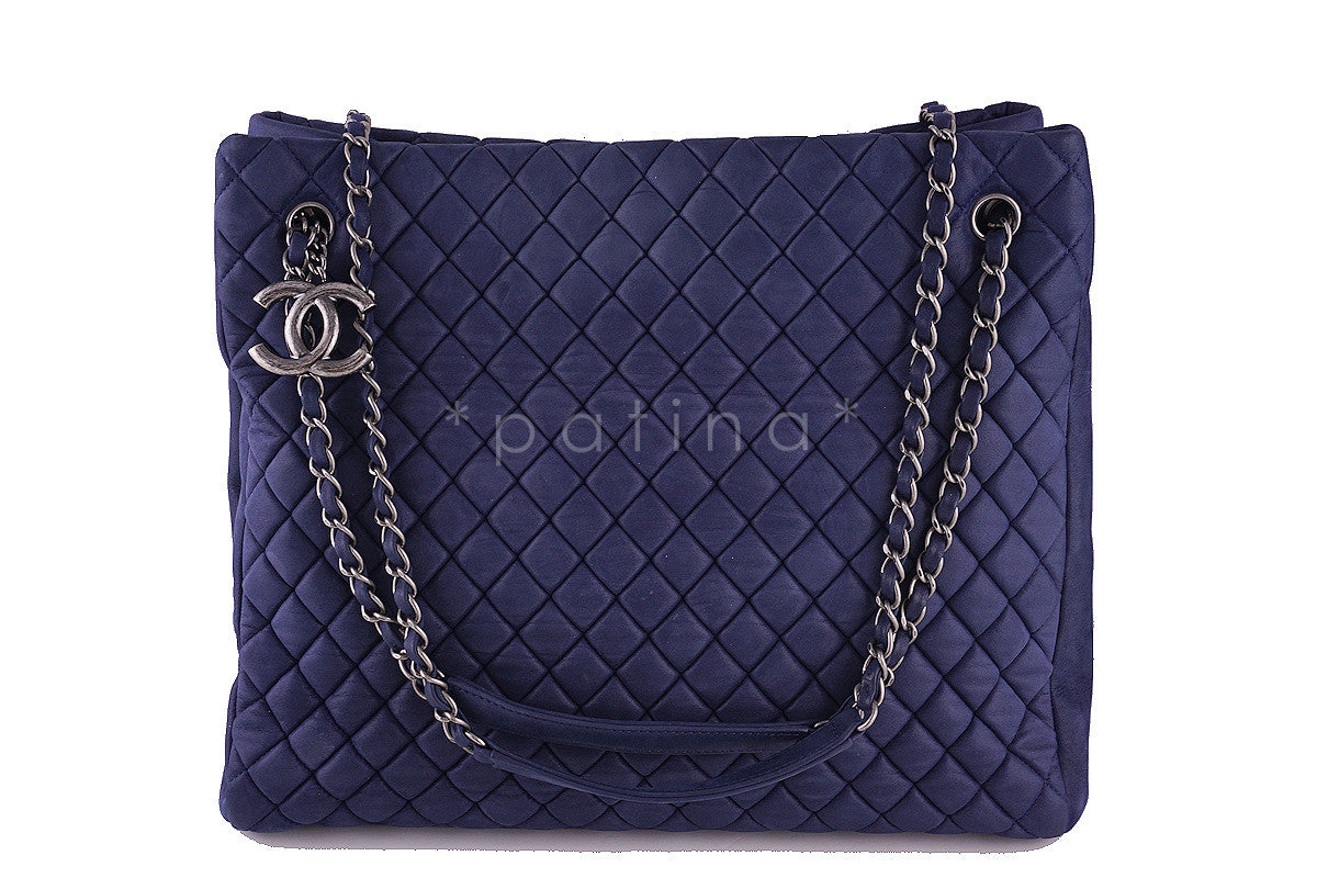 Chanel Navy Blue Bubble Quilted Luxe N/S CC Charm Tote Bag