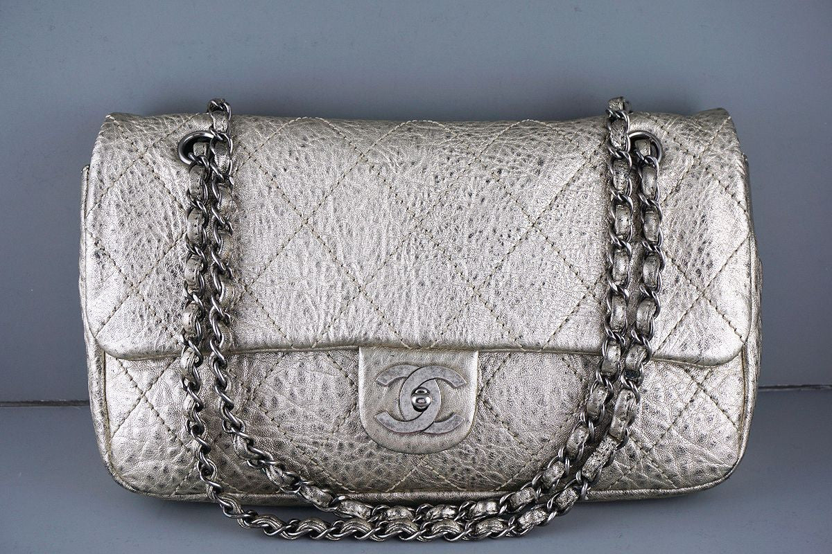 Chanel Pewter Gold Le Marais Pebbled Quilted Classic Jumbo Flap