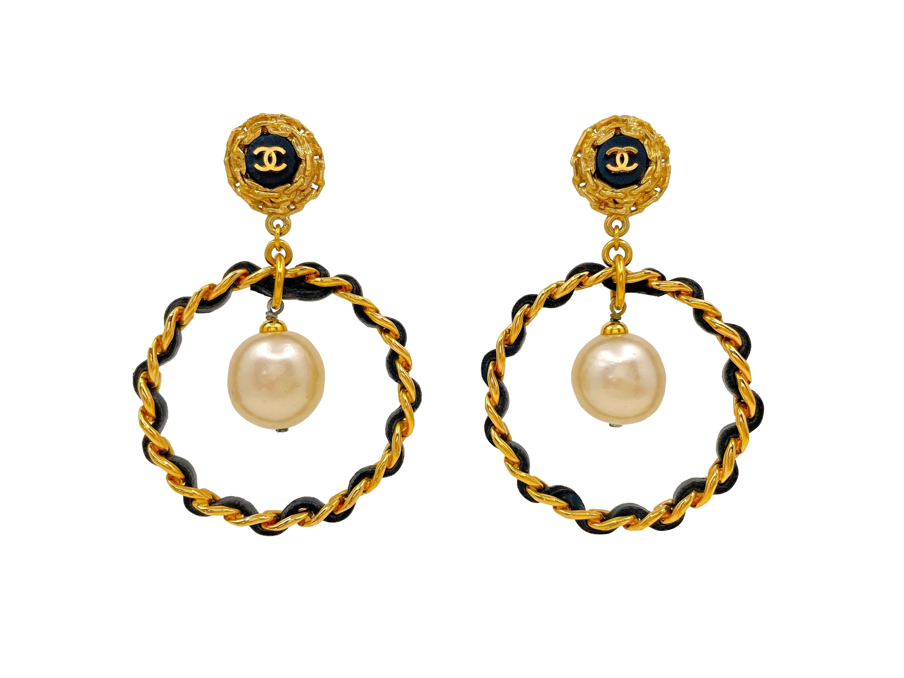 Image of Chanel Vintage Pearl Hoop Drop Earrings Woven Chain Collection 27