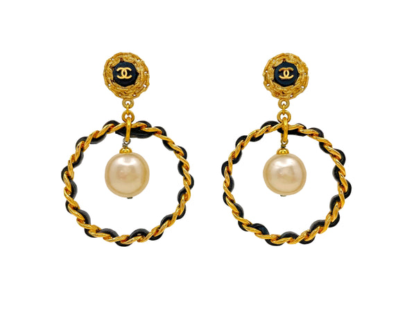 Chanel Vintage Woven Chain Collection 27 Pearl Tear ROP Hoop Earrings