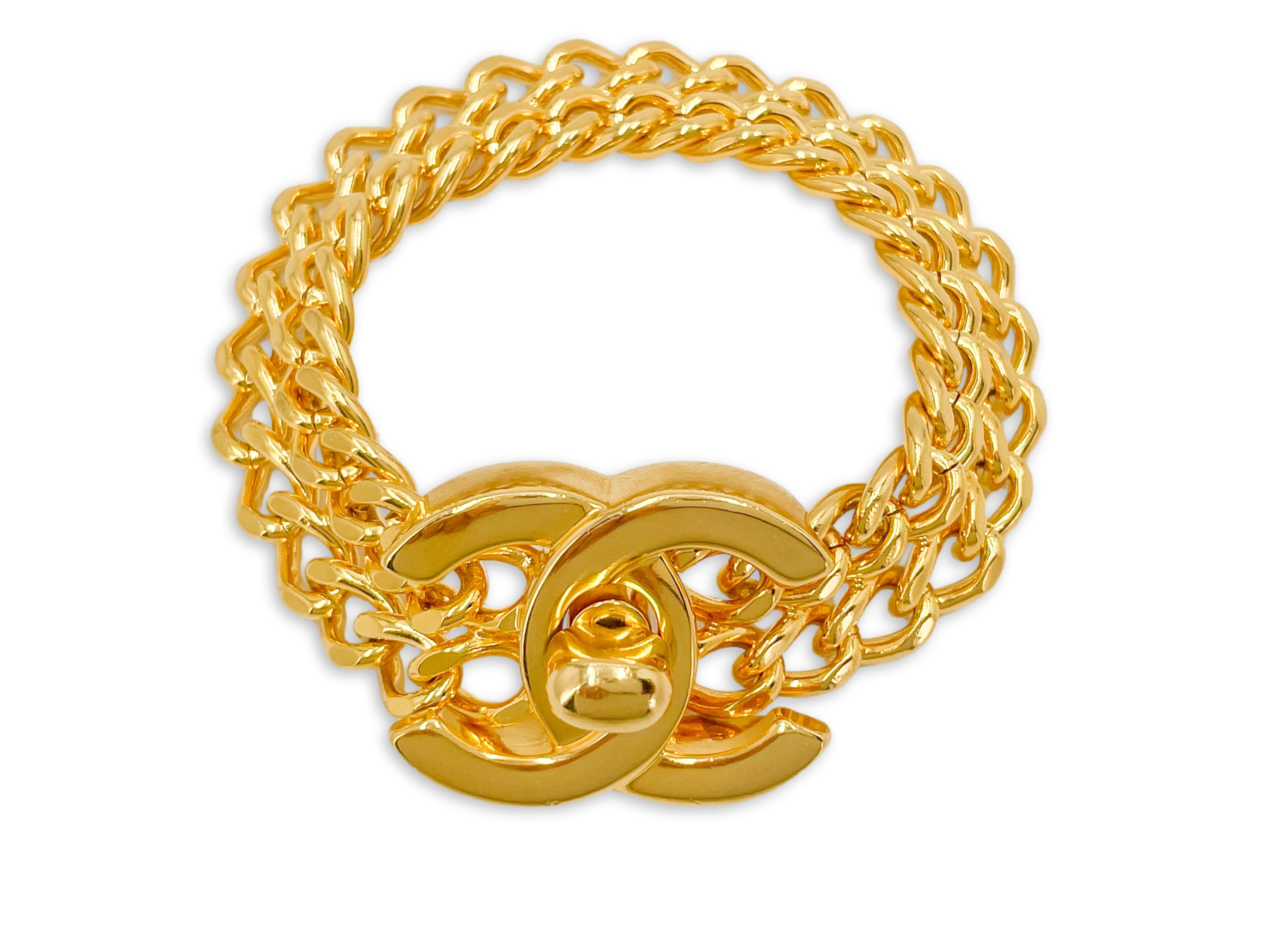 Chanel Mid-90s Vintage Turnlock Double Chain Bracelet 24k GHW