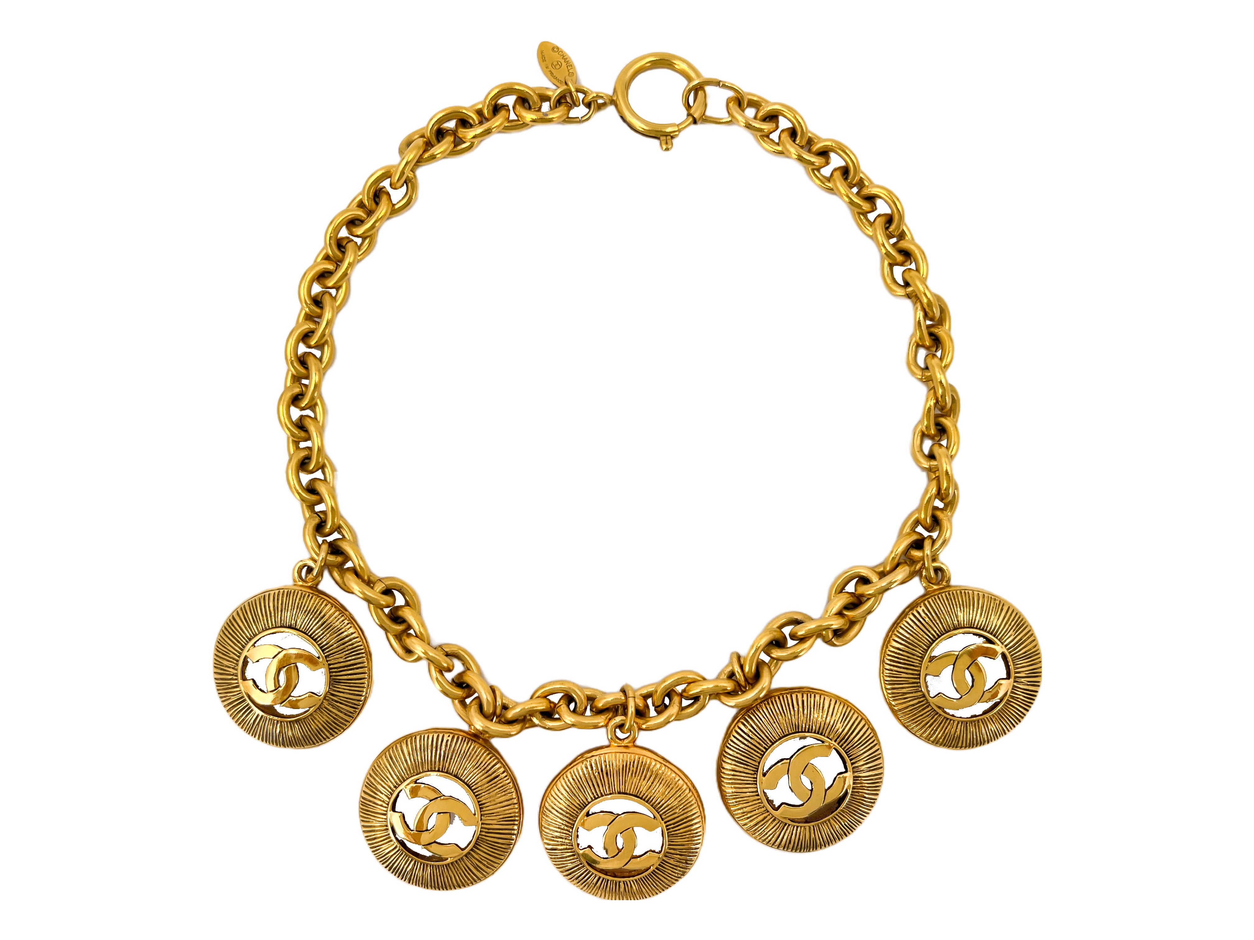 CHANEL 80s Vintage Gold Sunburst Logo Medallion Choker / Necklace *RARE*