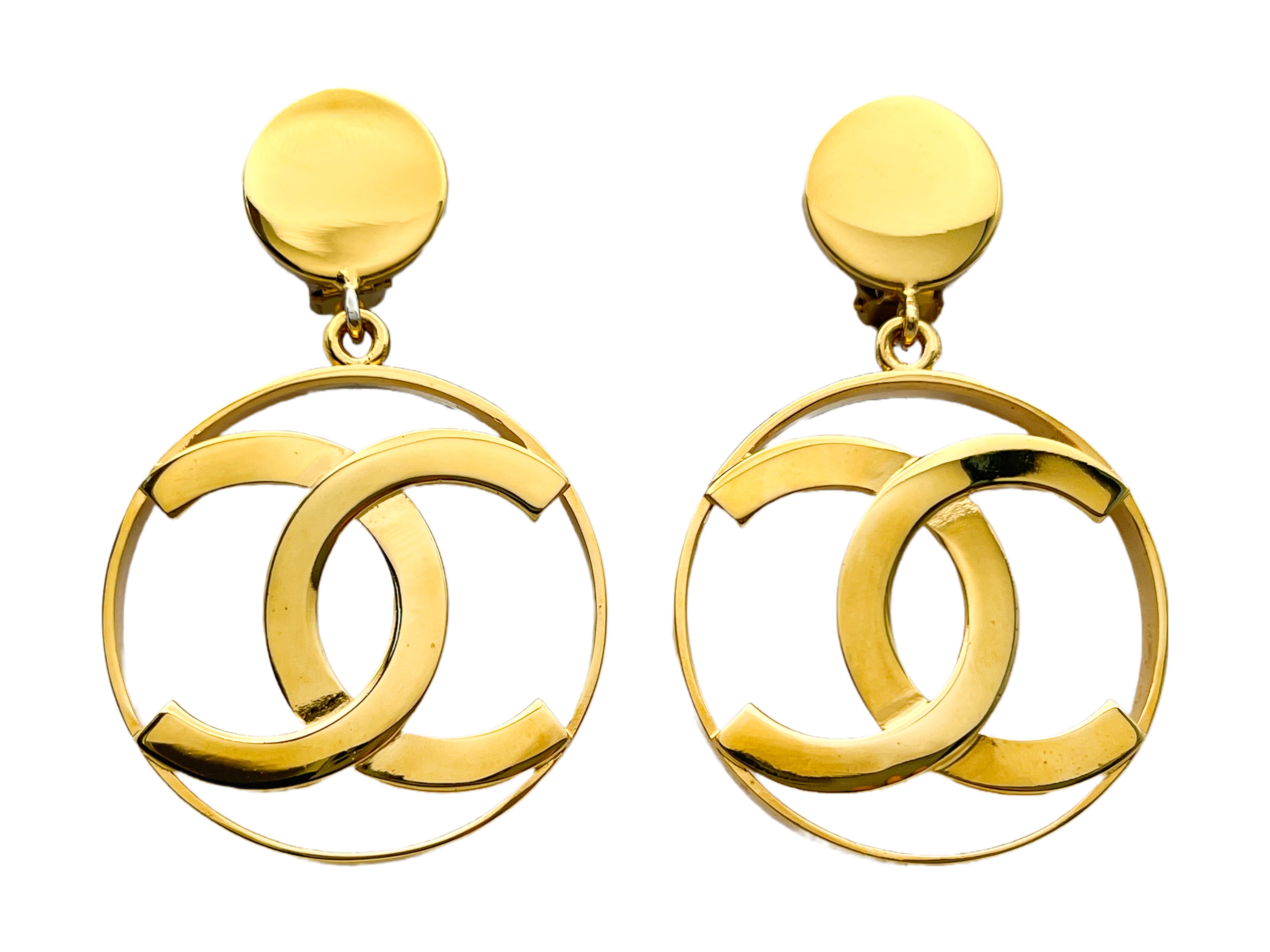 Chanel 80s Vintage Large Hoop Dangle CC Statement Earrings