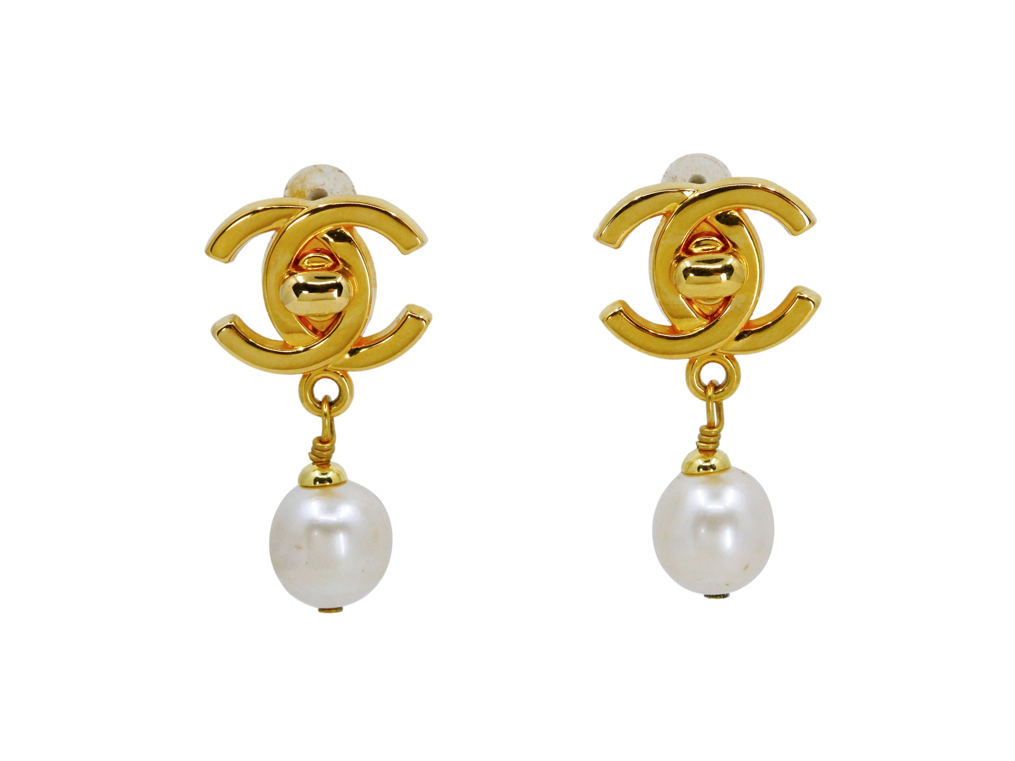 NWT Chanel Classic CC Logo Gold Crystal Stud Pearl Drop Earrings