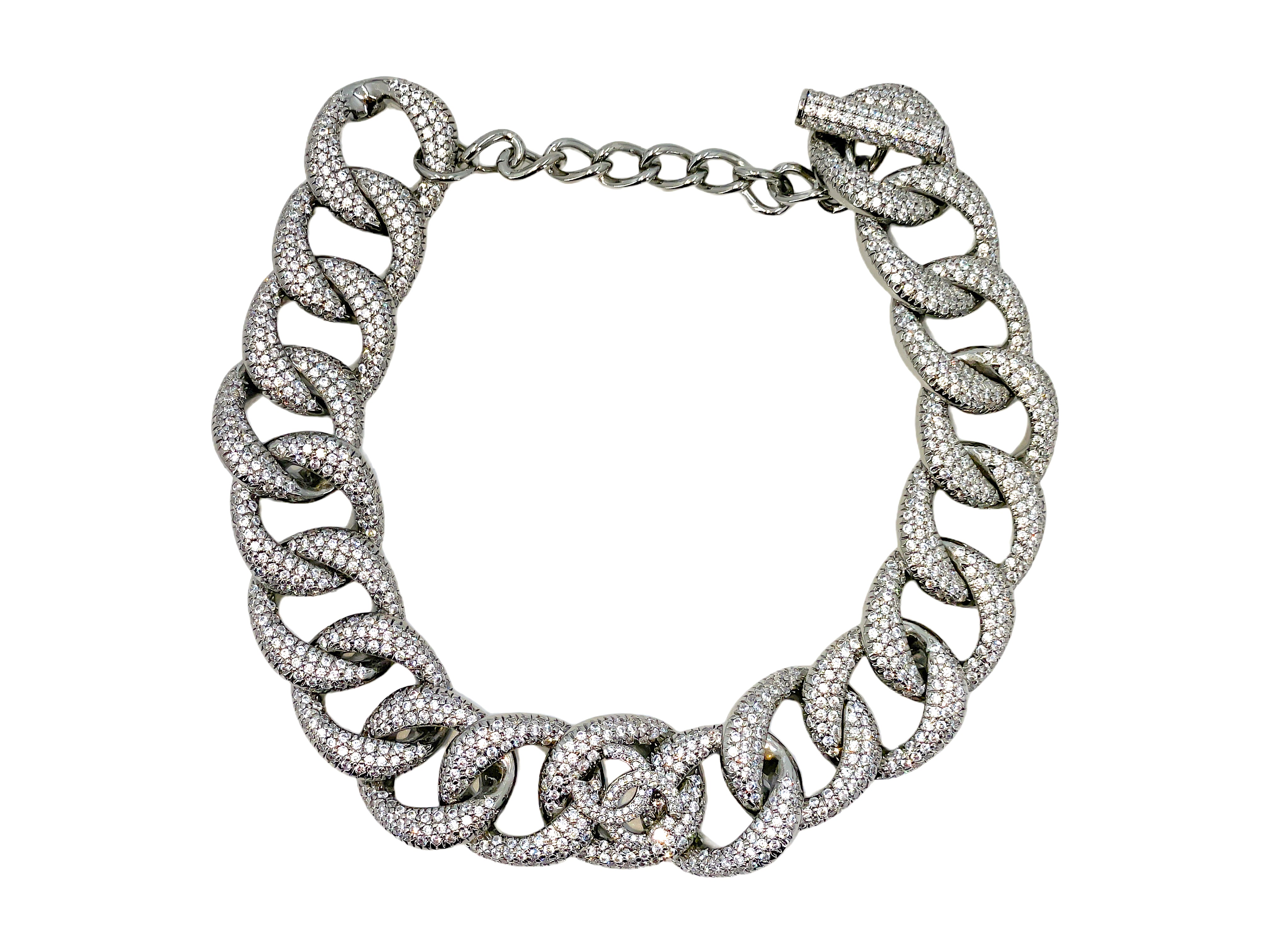 Rare Chanel 22C Strass Covered Chunky Chain Choker Silver Crystal