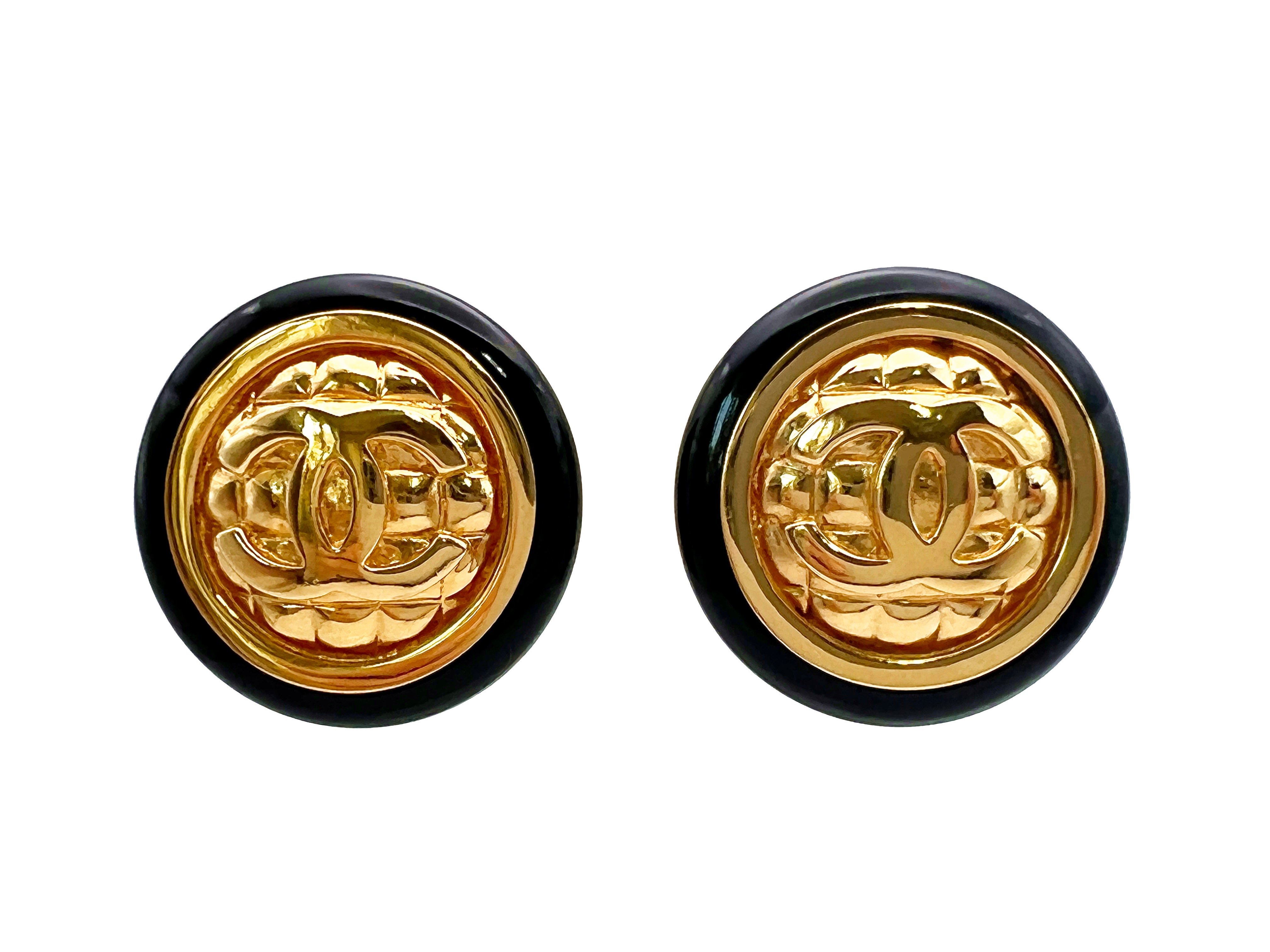 Chanel Black & Silver Tone Cc Button Earrings - 2 Pieces