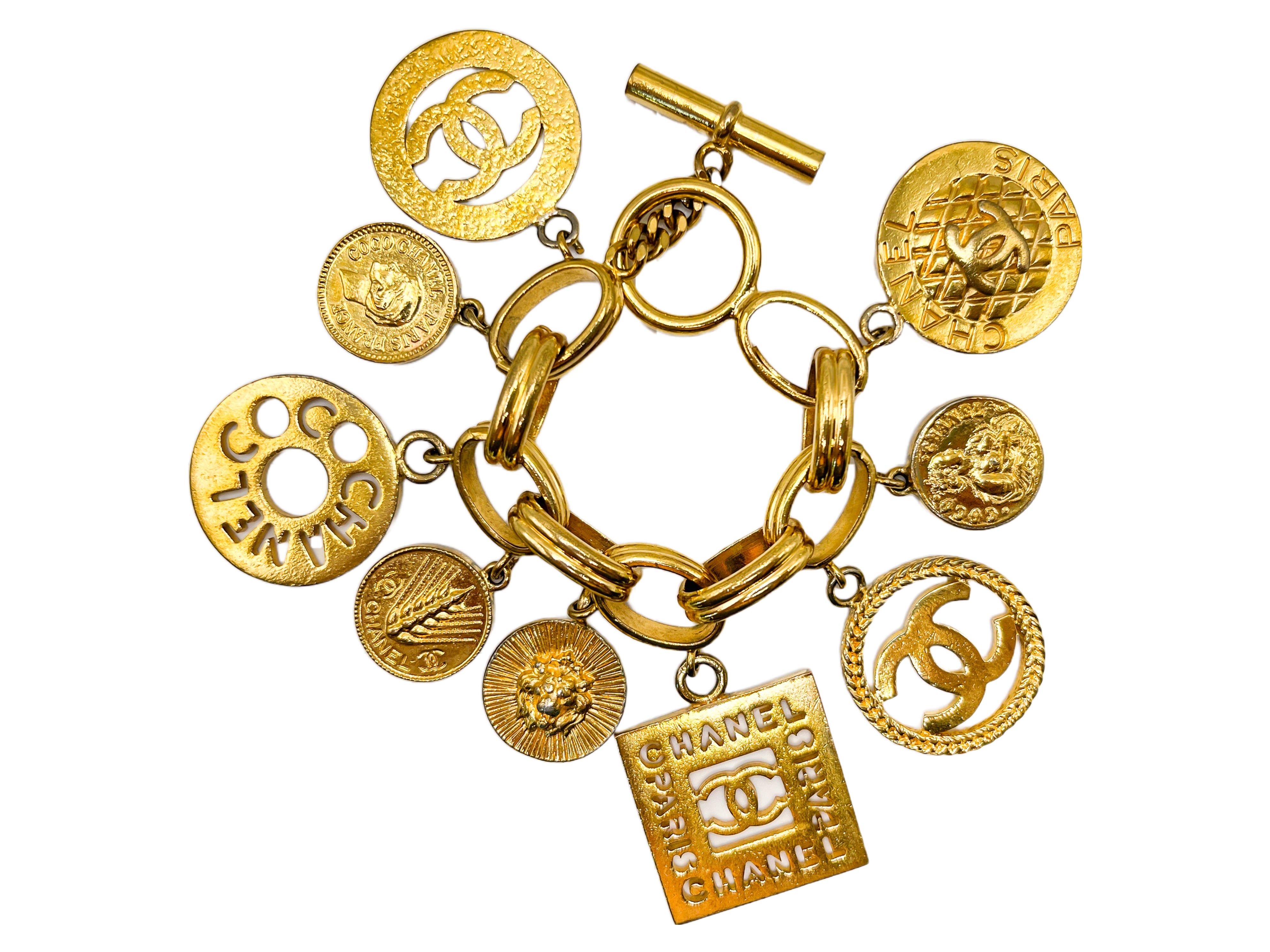 CHANEL Vintage Gold Plated 7.5-9 Charm Bracelet (7mm Wide