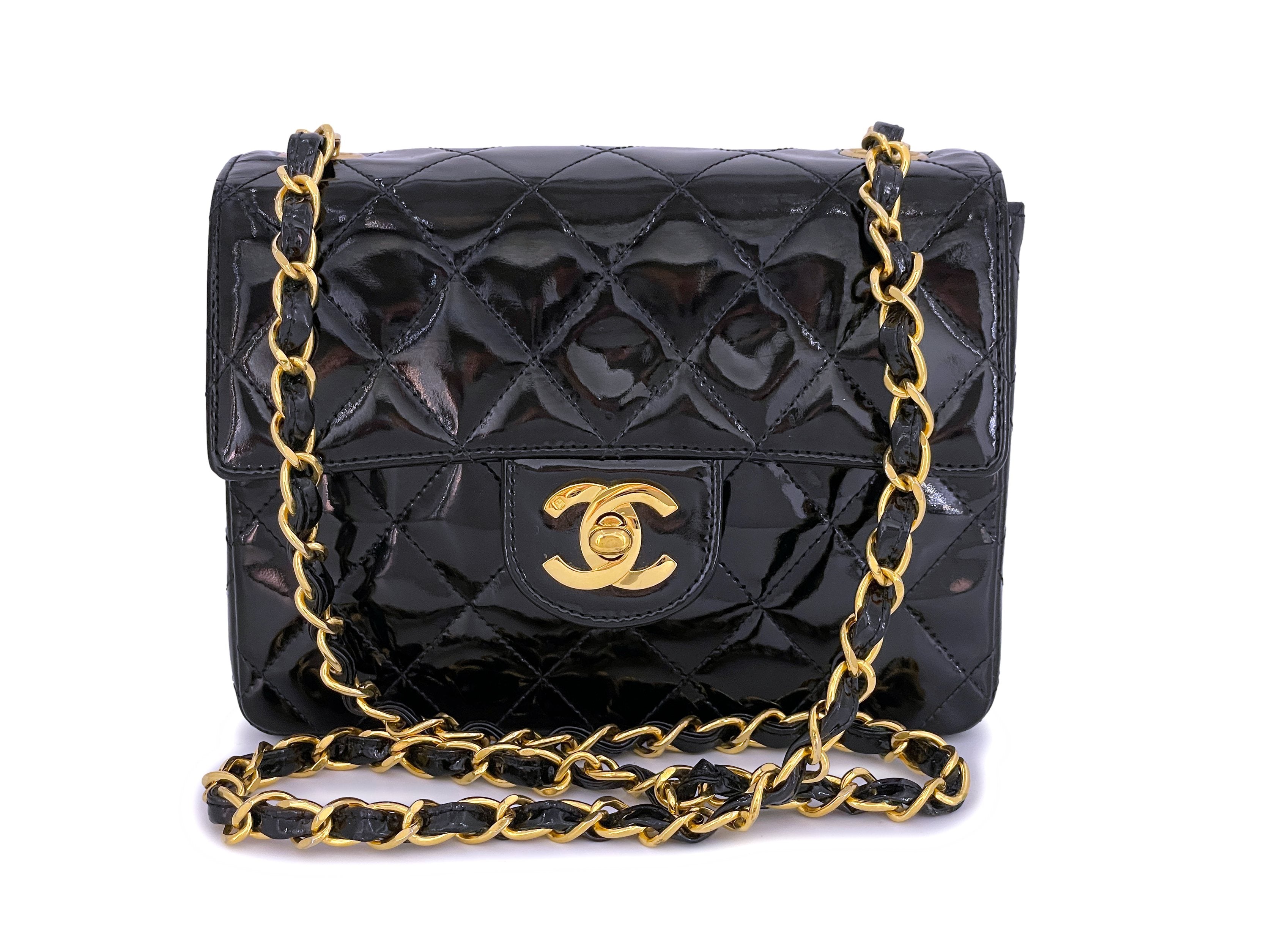 Chanel Black Quilted Patent Aged Calfskin Mini Classic Square