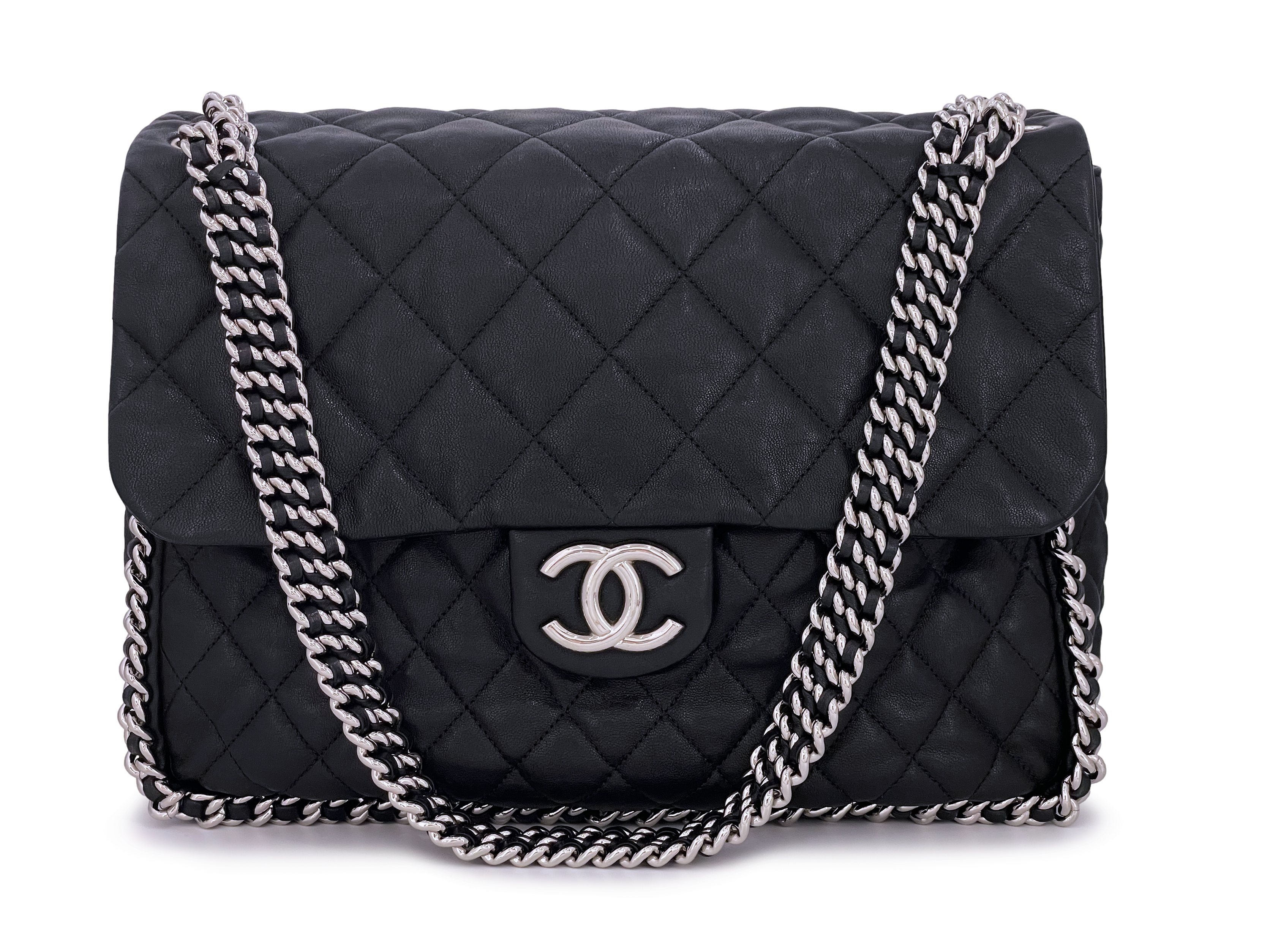 Pristine Chanel Black Aged Calfskin Chain Around Maxi Flap Bag