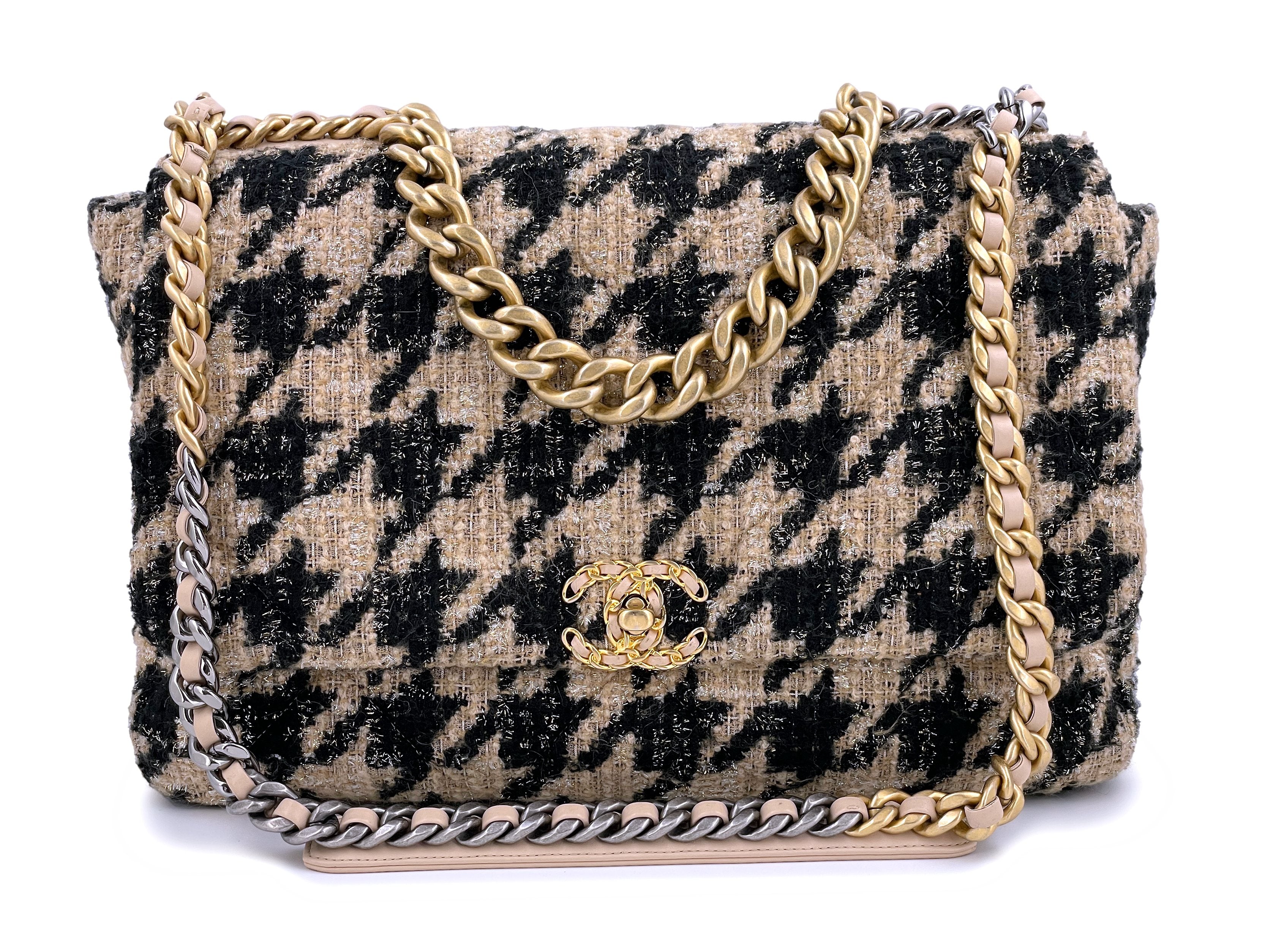 Chanel Beige, Black And Silver Houndstooth Tweed Maxi 19 Flap