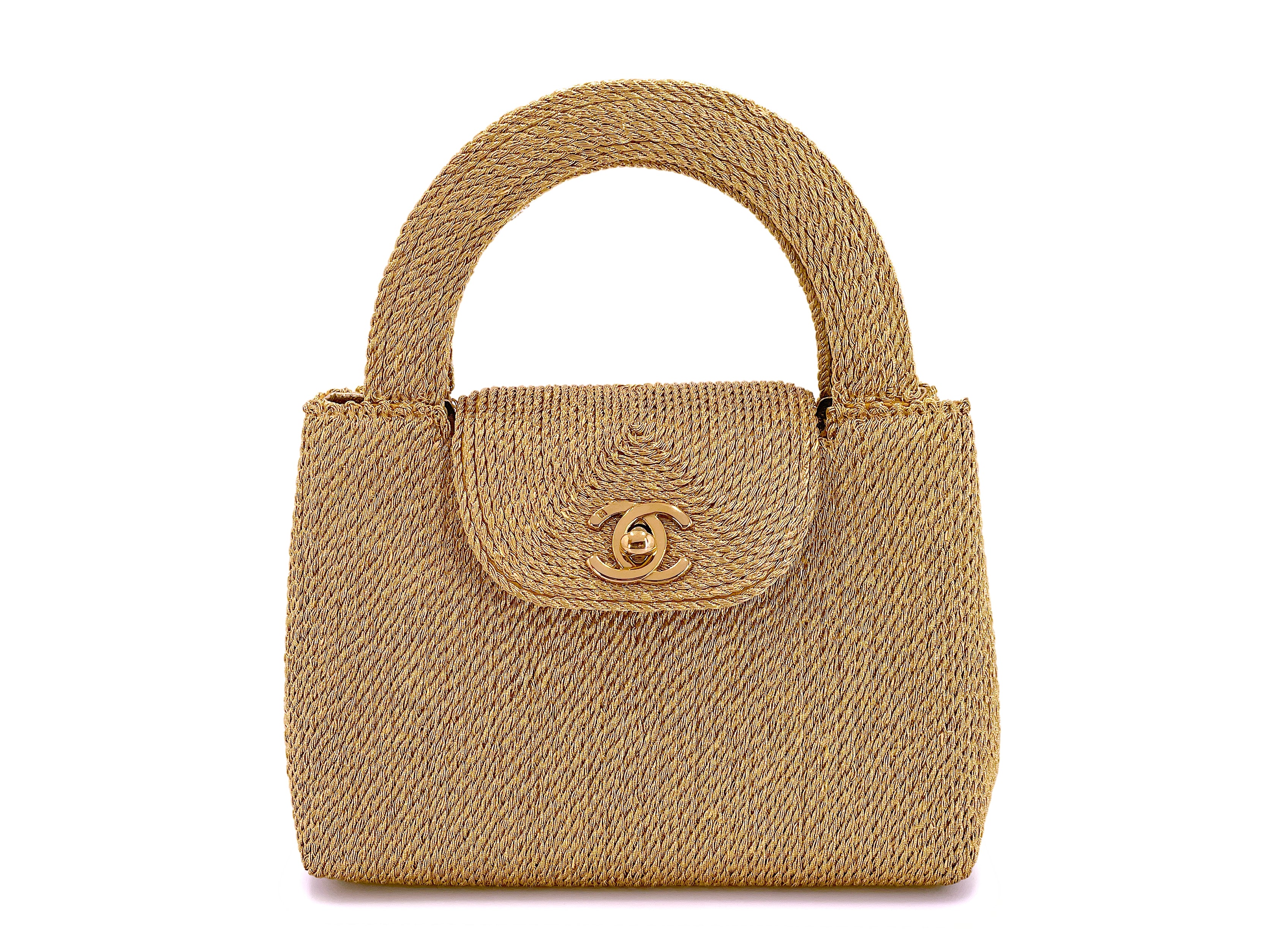 Chanel 1997 Vintage Gold Spun Raffia Micro Mini Kelly Evening Bag 24k – Boutique  Patina