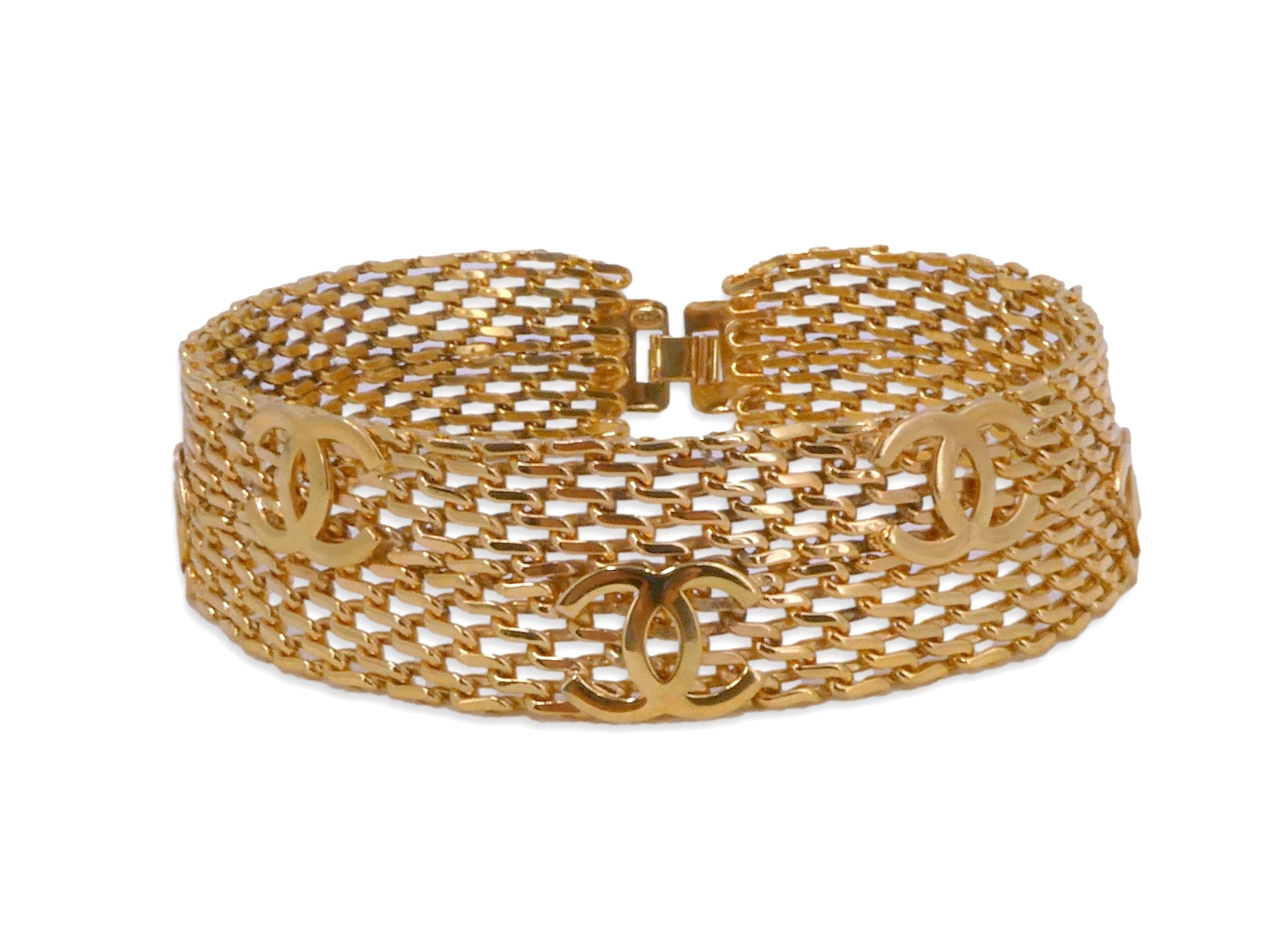 Chanel 97A Vintage Mesh Chain Collar CC Logo Choker Necklace Gold Plat ...