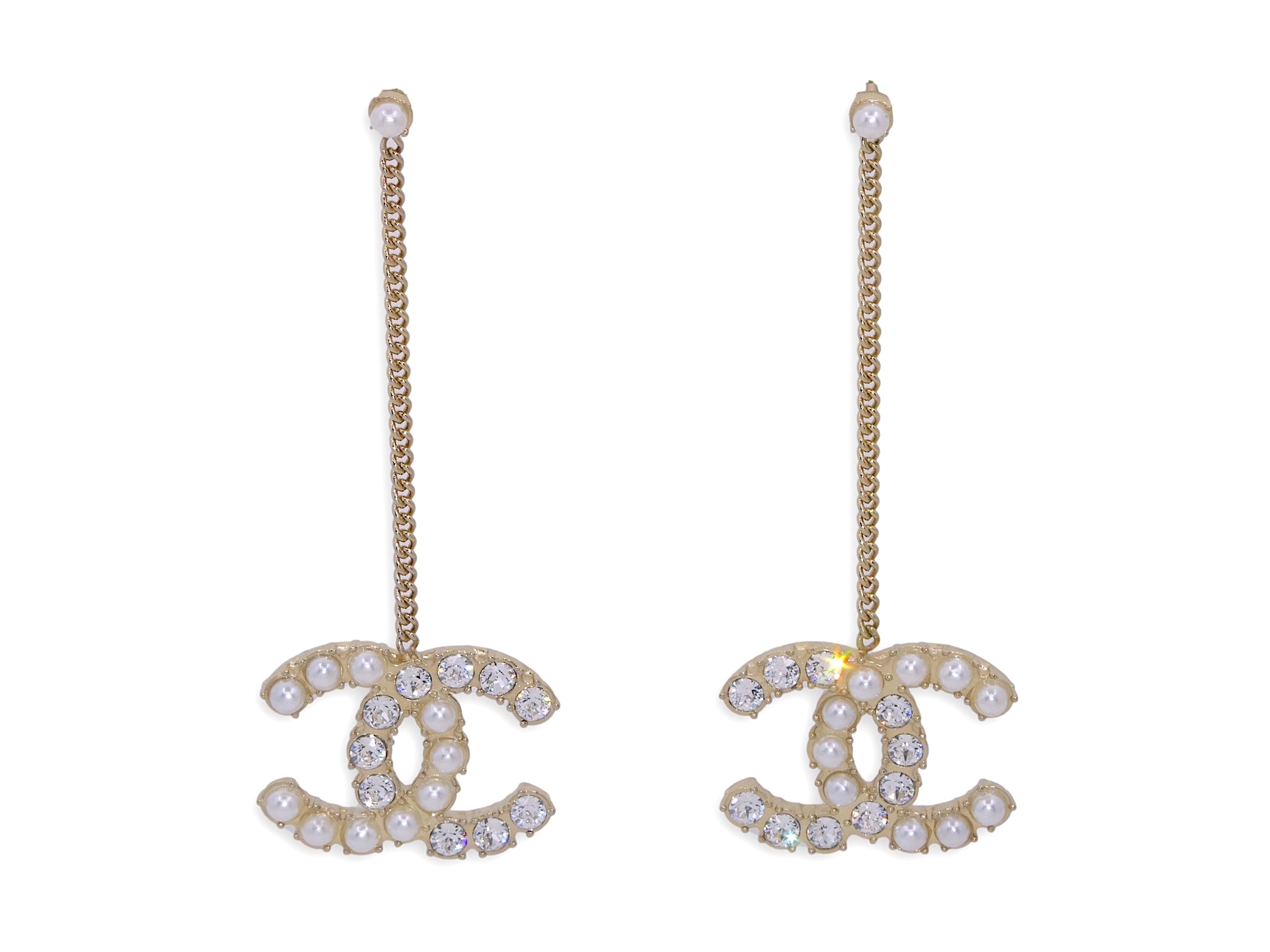 NWT Chanel Classic CC Logo Gold Crystal Stud Pearl Drop Earrings